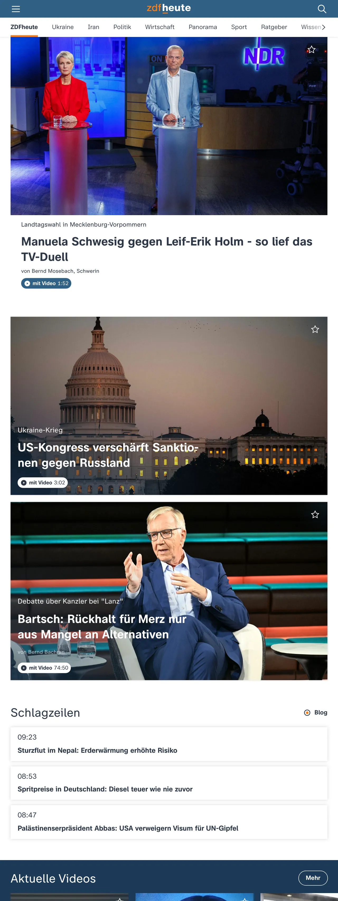 Screenshot of the ZDFheute front page