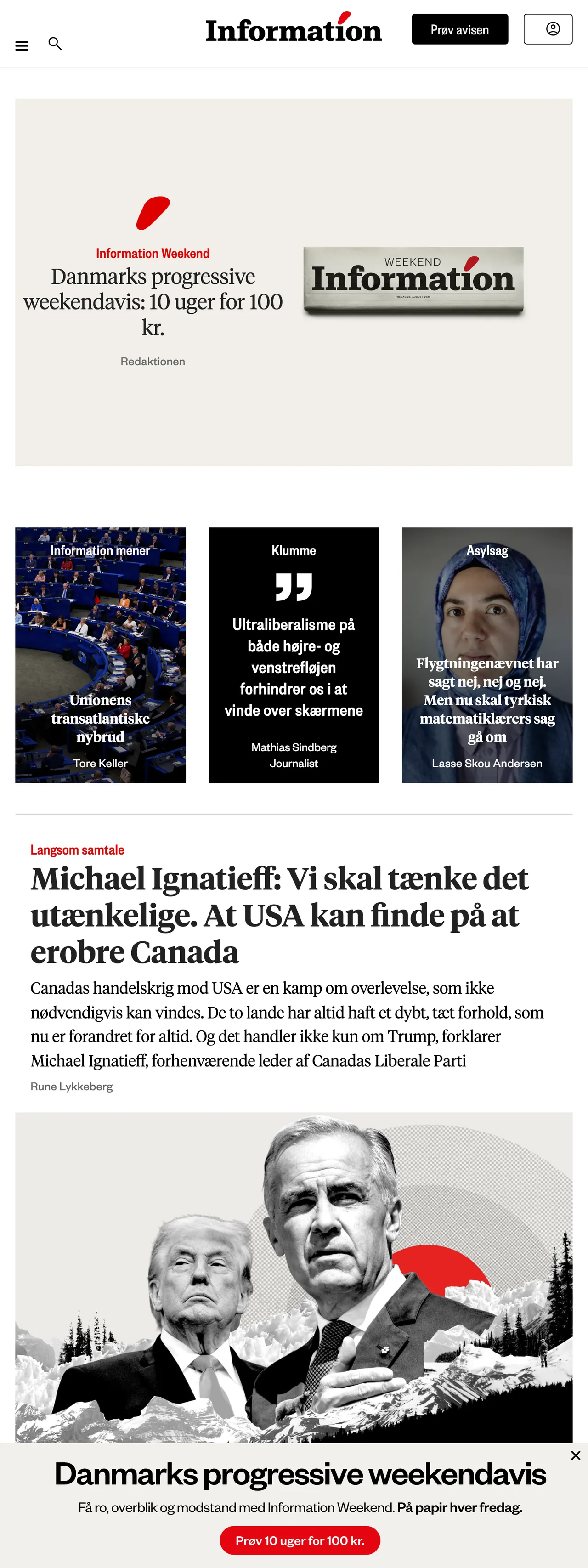 Screenshot of the Information front page