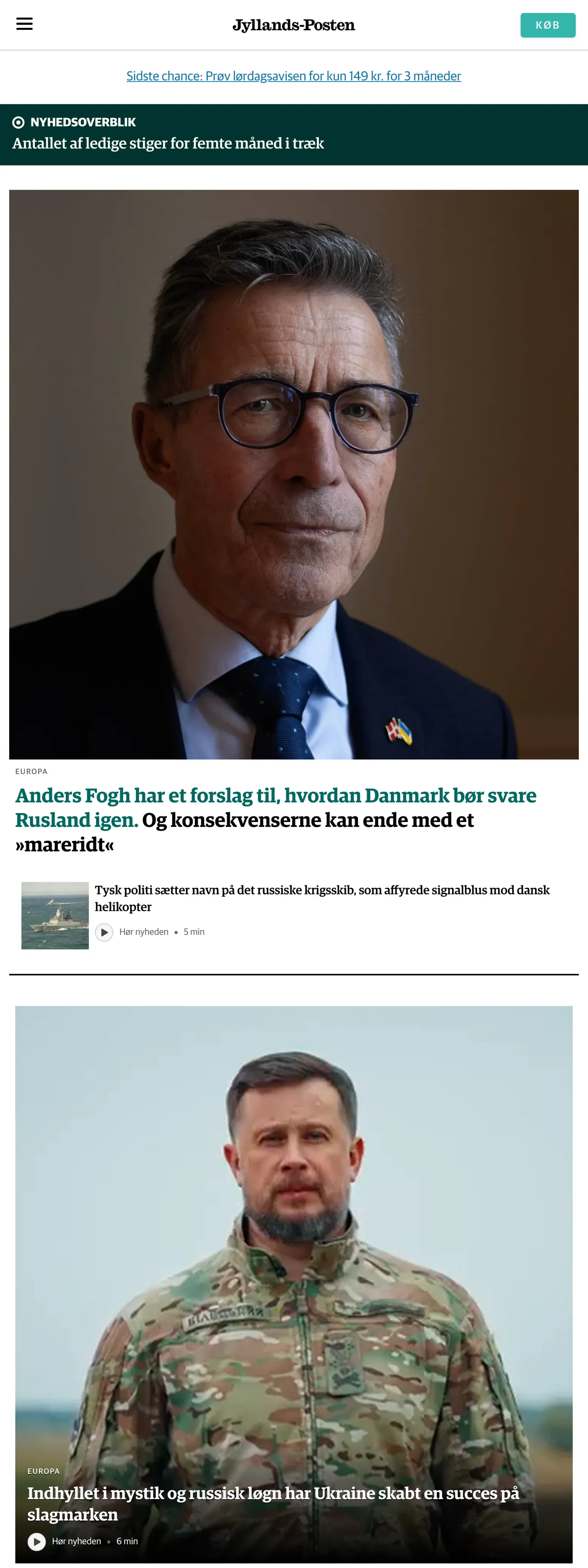 Screenshot of the Jyllands-Posten front page