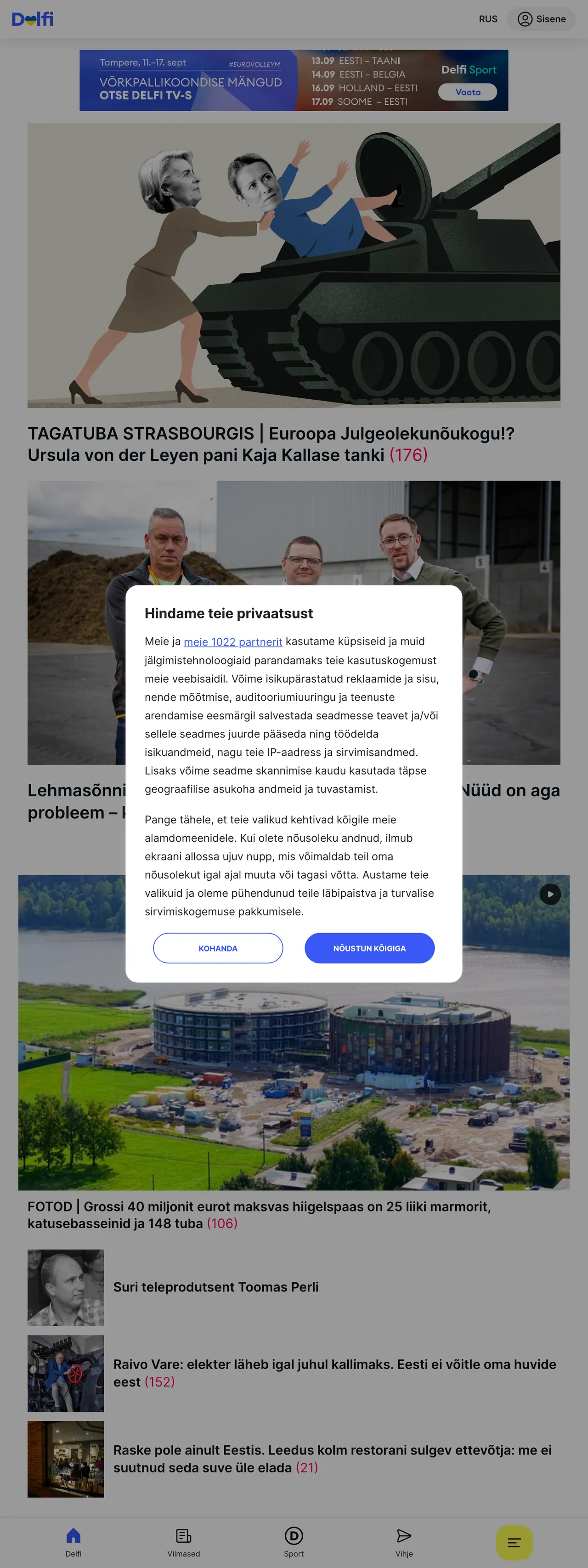 Screenshot of the Delfi front page