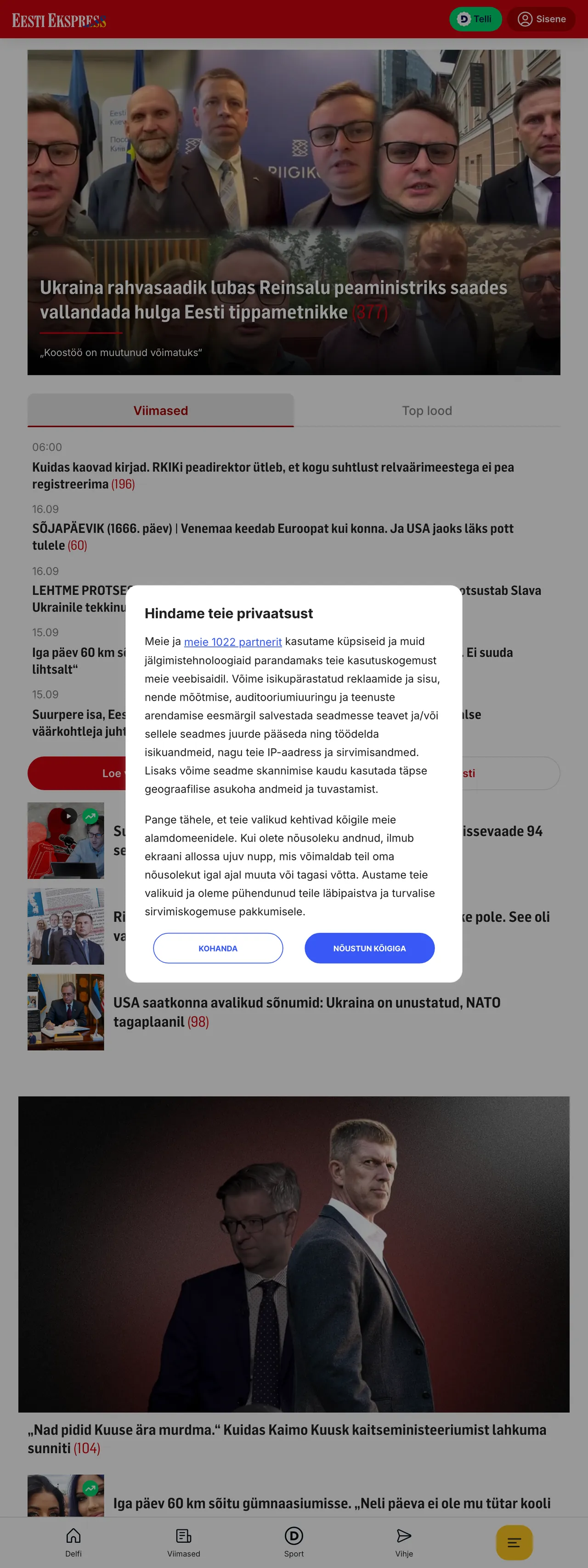 Screenshot of the Eesti Ekspress front page