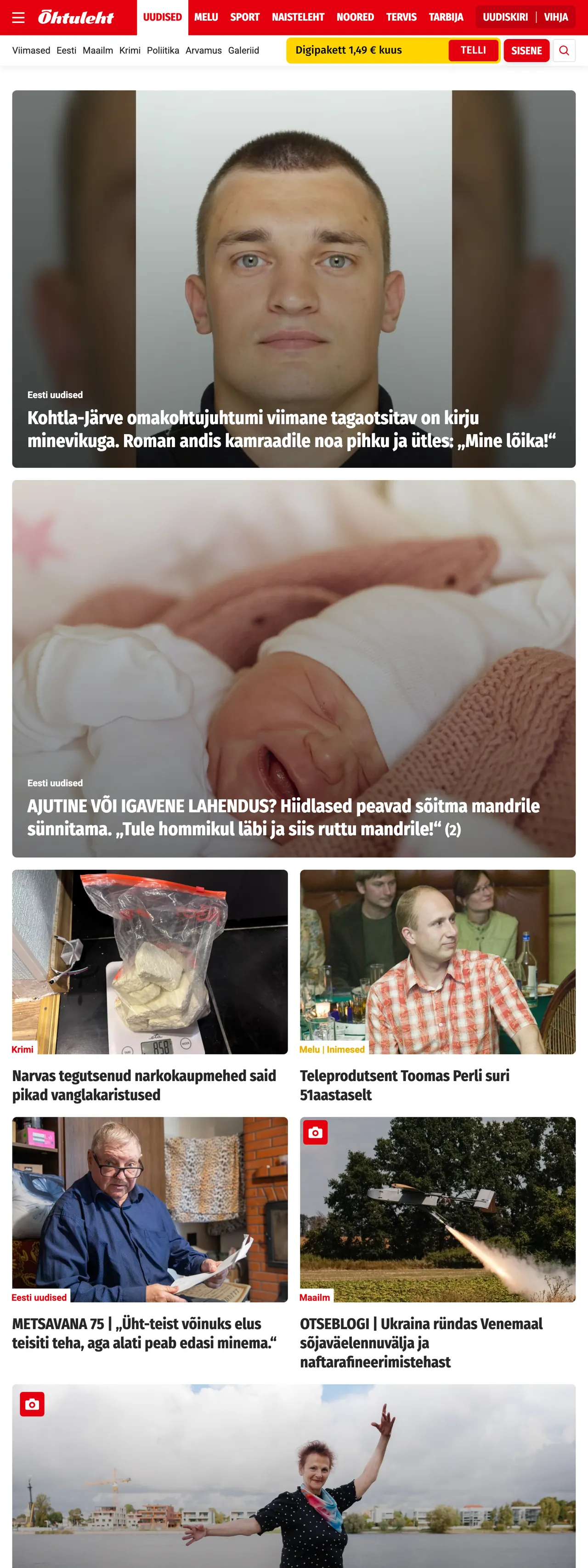 Screenshot of the Õhtuleht front page