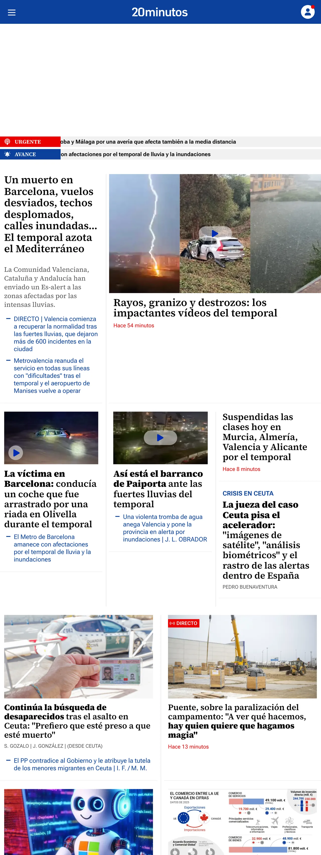Screenshot of the 20minutos front page