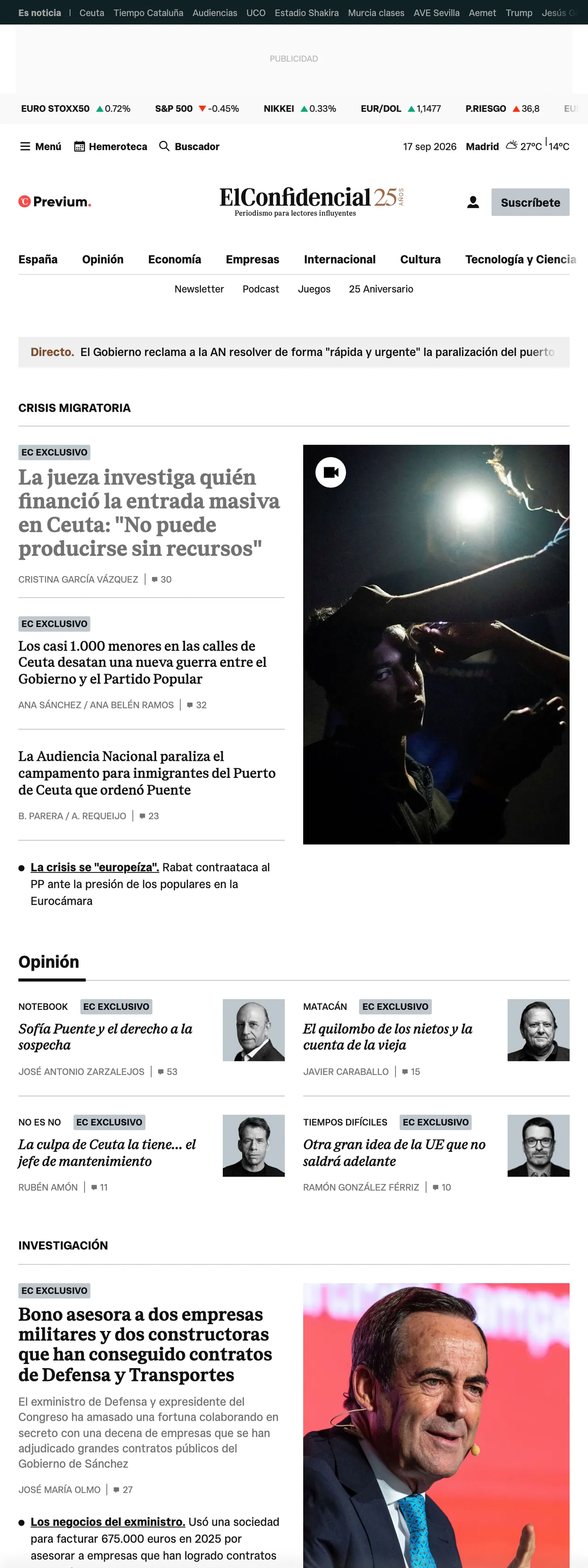 Screenshot of the El Confidencial front page