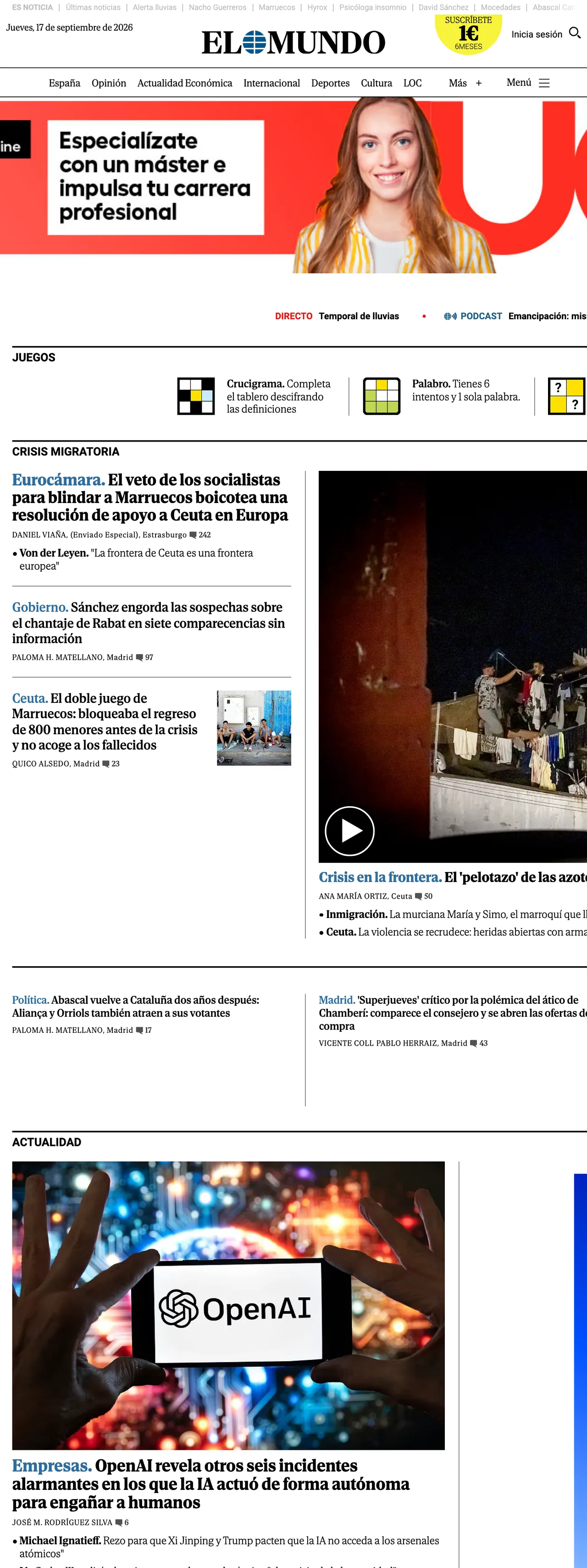 Screenshot of the El Mundo front page