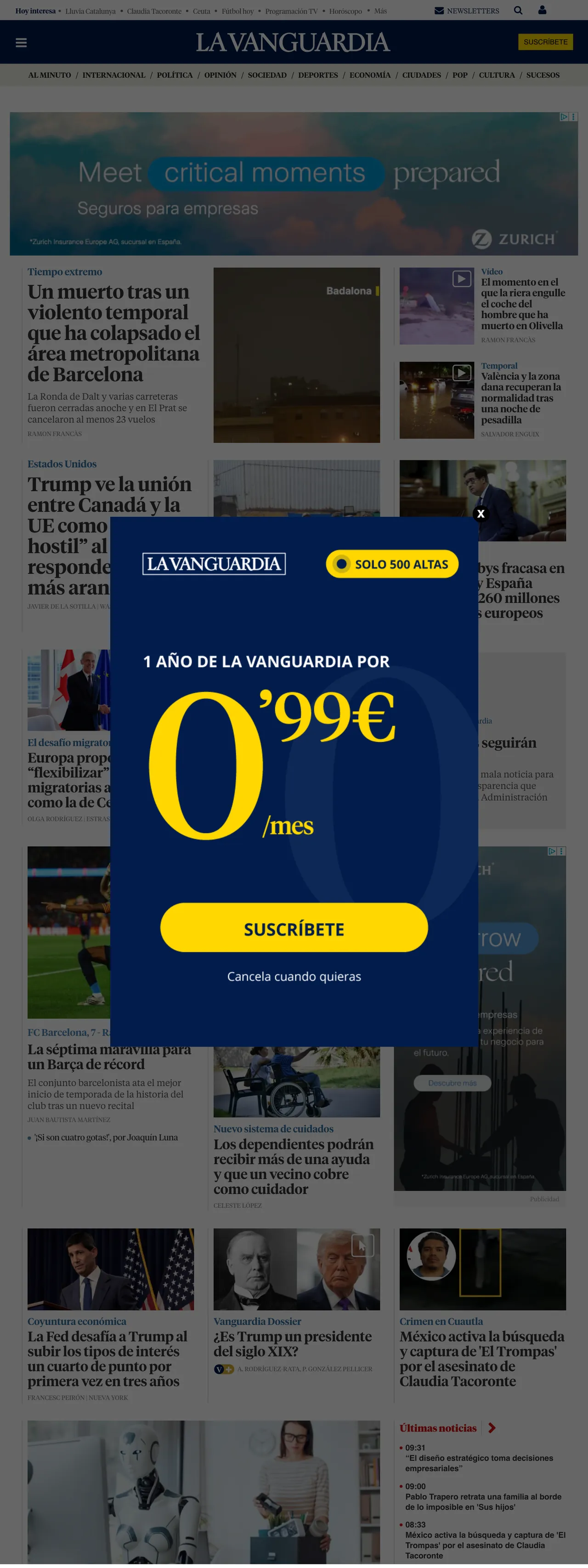 Screenshot of the La Vanguardia front page