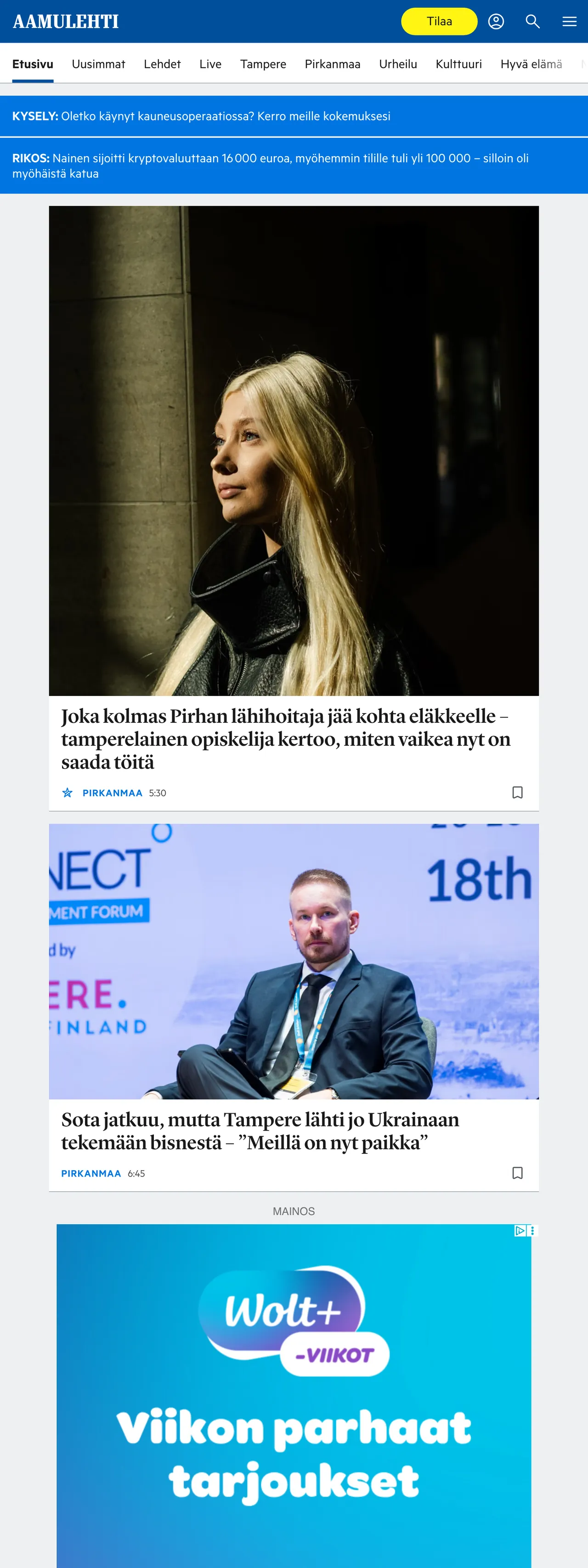 Screenshot of the Aamulehti front page