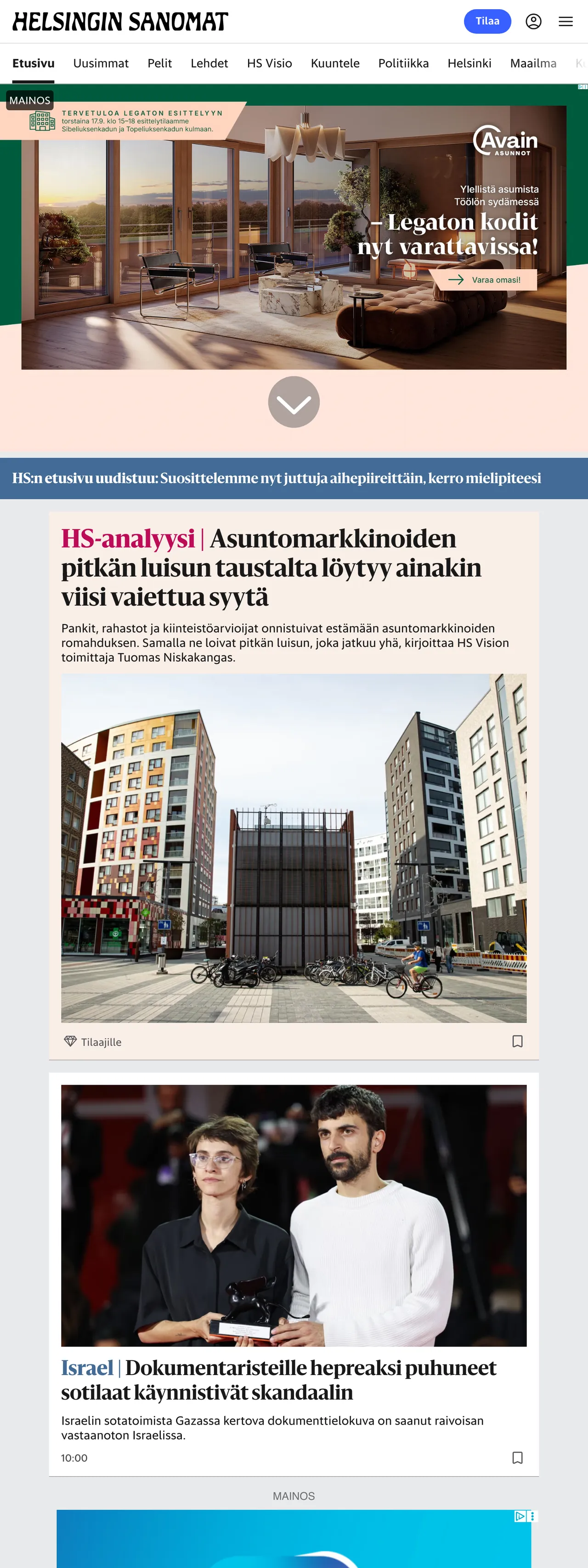 Screenshot of the Helsingin Sanomat front page