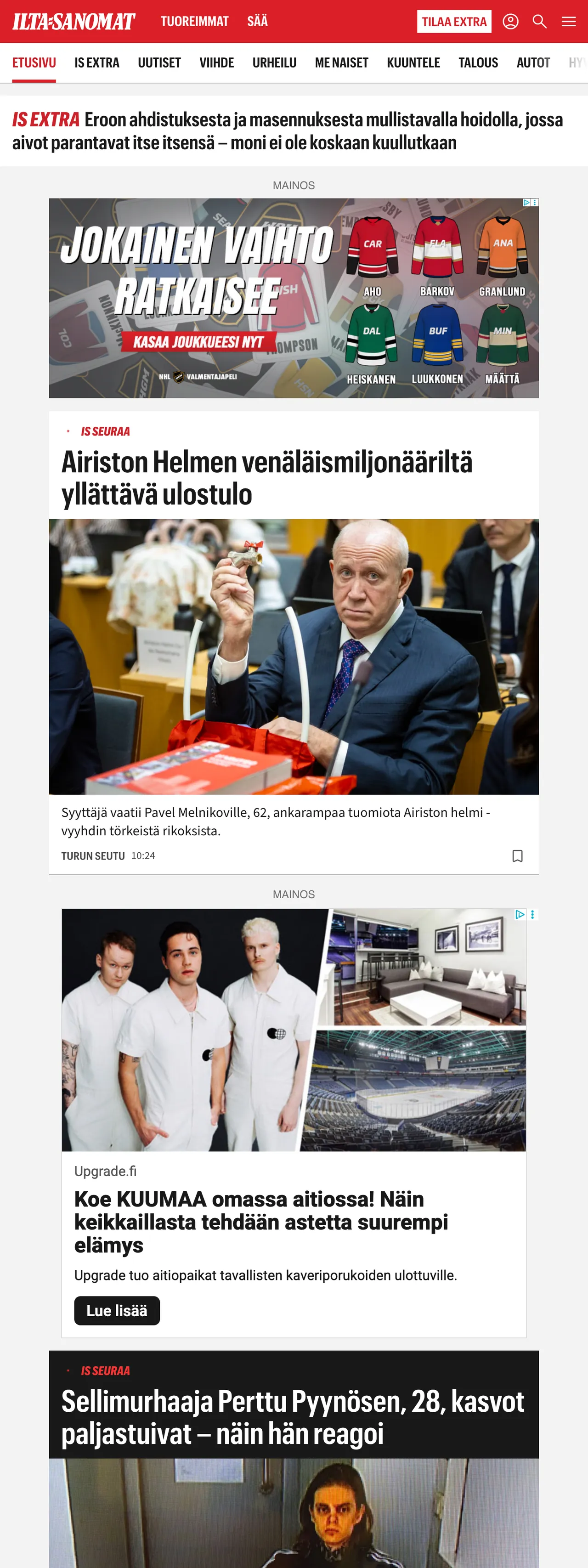 Screenshot of the Ilta-Sanomat front page