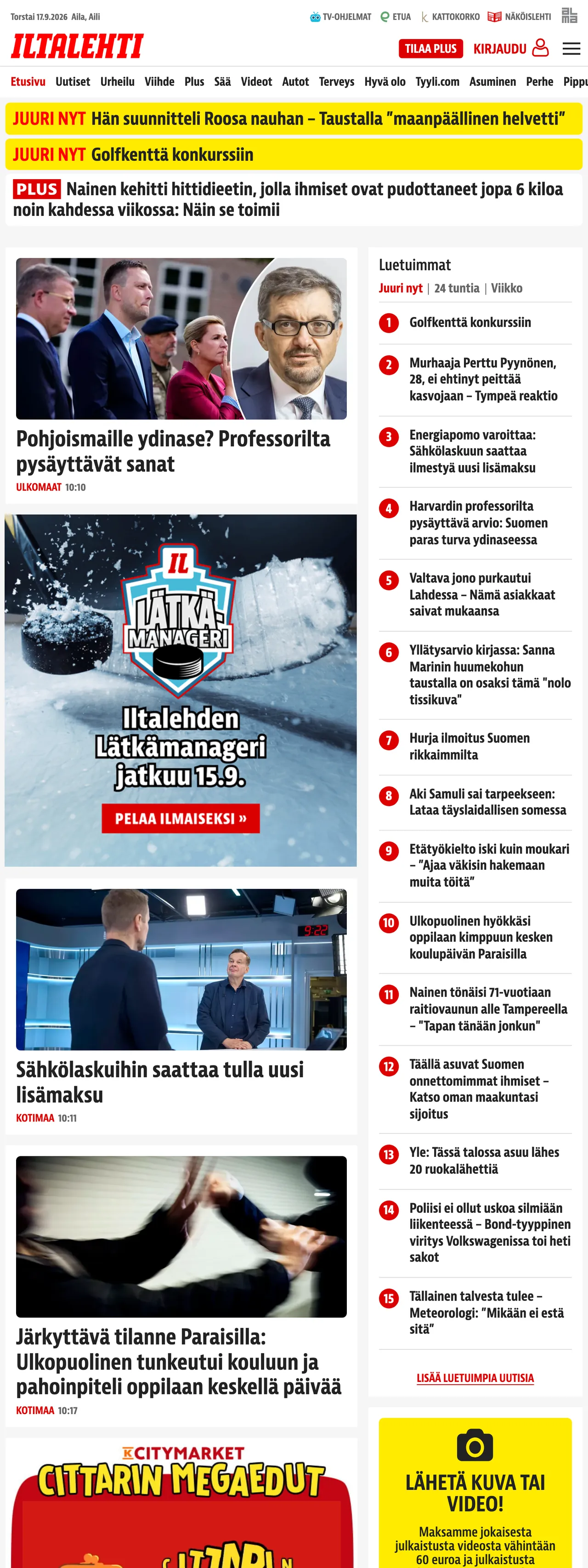 Screenshot of the Iltalehti front page