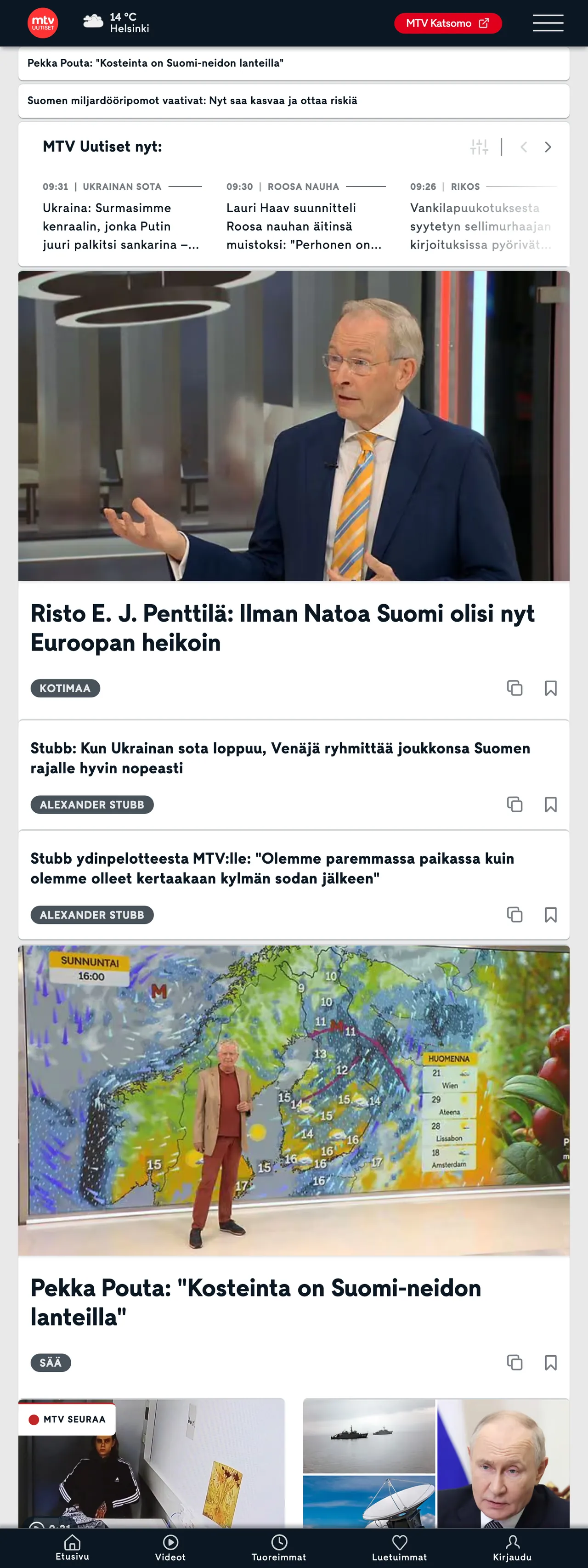 Screenshot of the MTV Uutiset front page