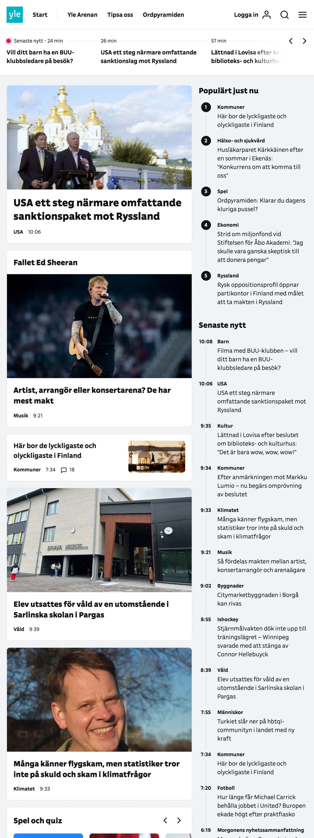 Screenshot of the Svenska Yle front page