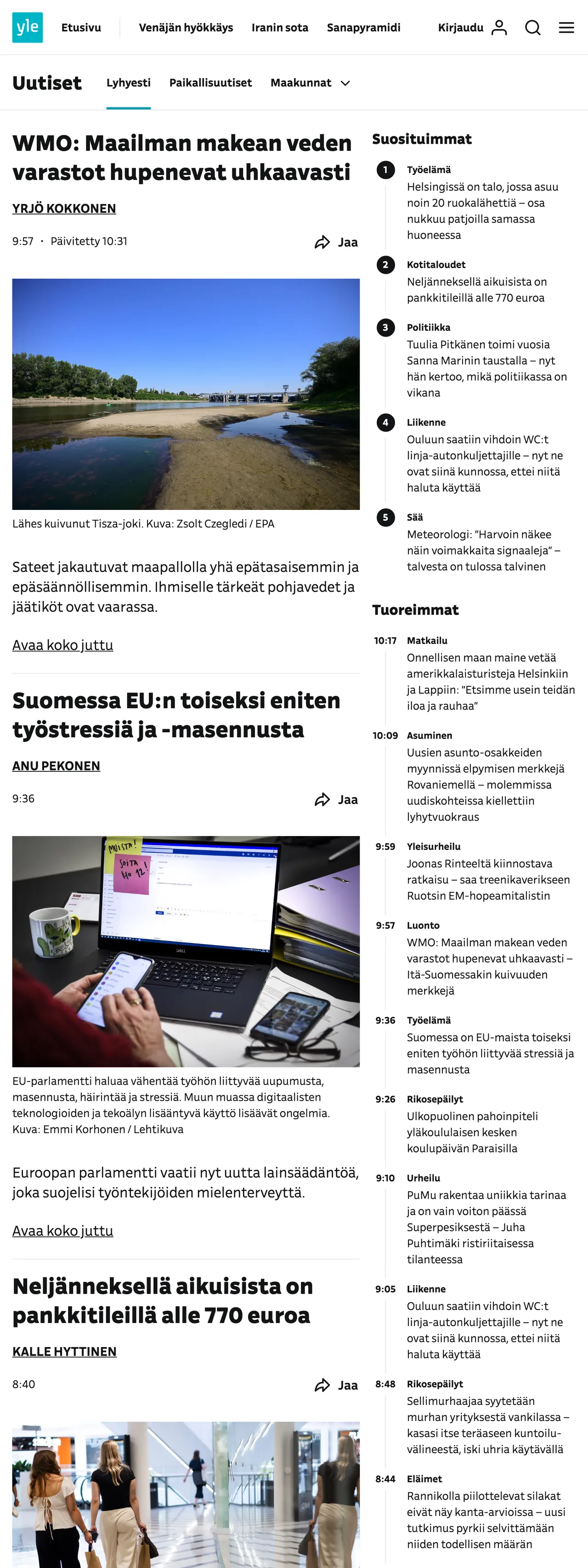 Screenshot of the Yle front page