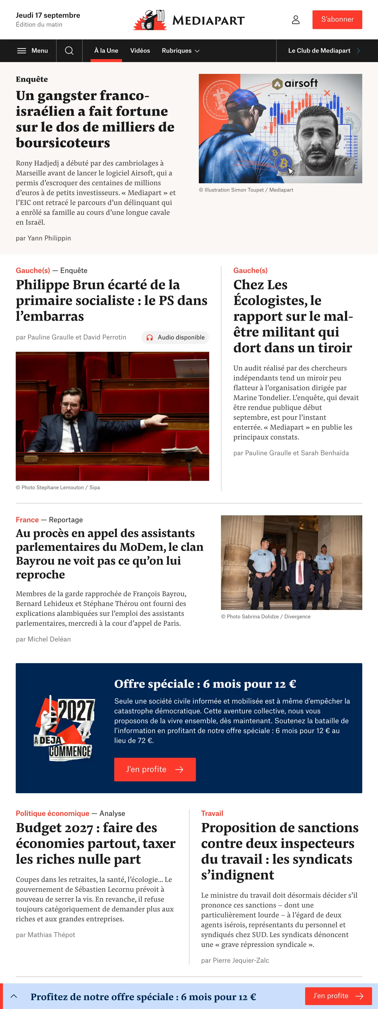 Screenshot of the Mediapart front page