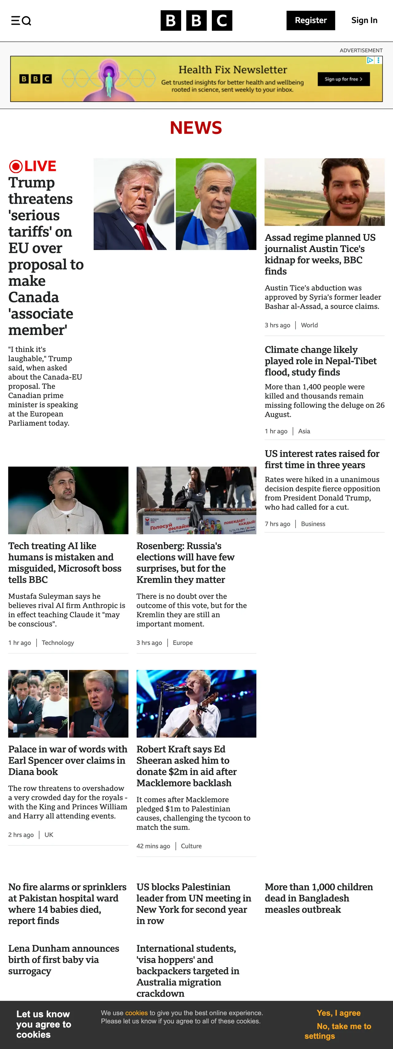 Screenshot of the BBC News front page