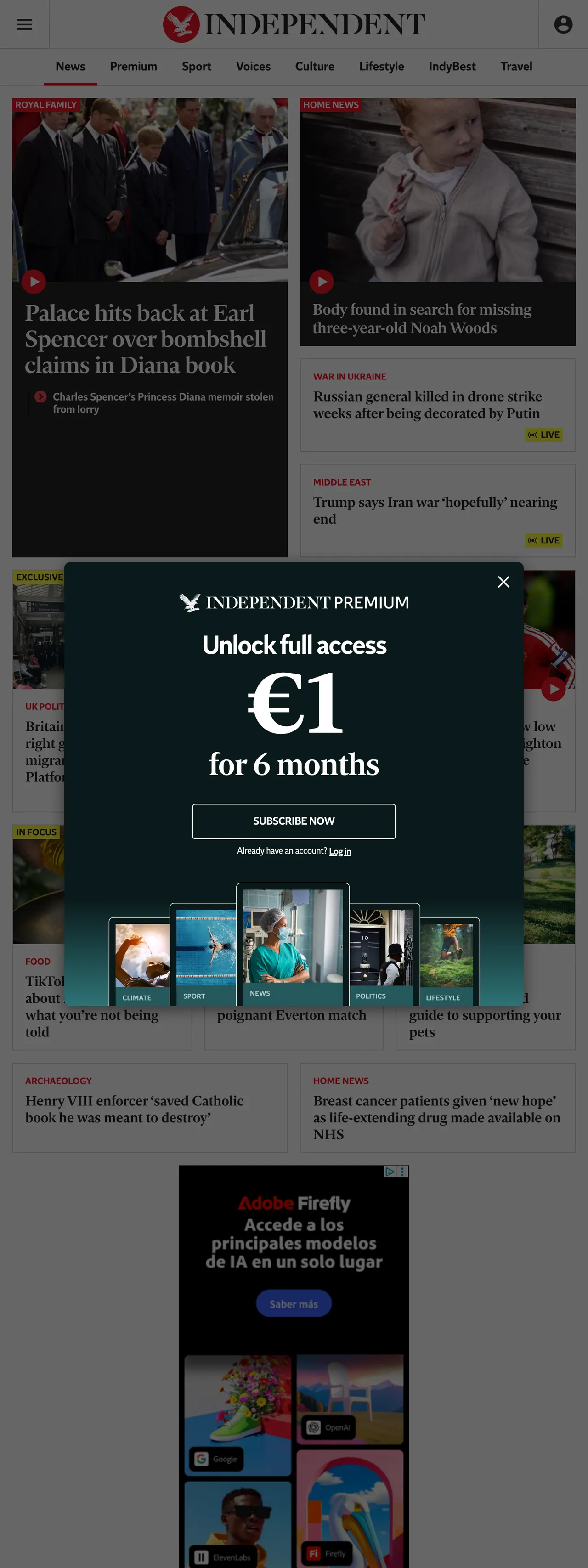 Screenshot of the The Independent front page