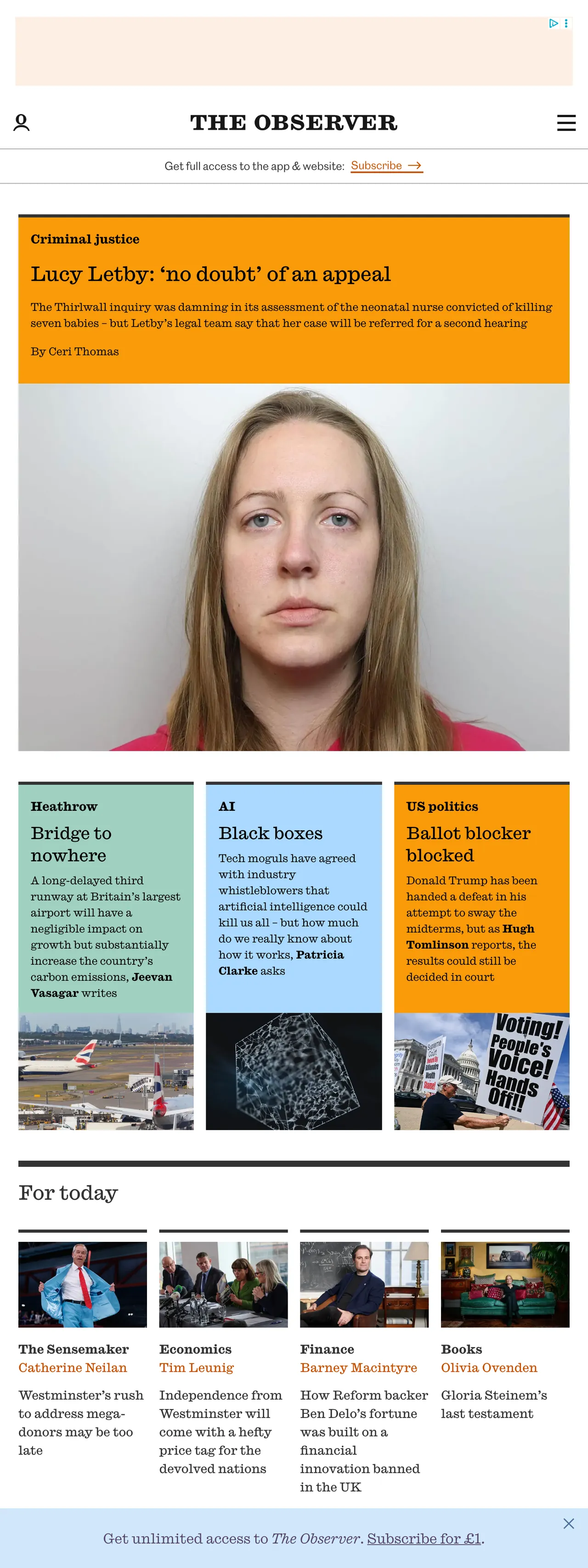 Screenshot of the The Observer front page