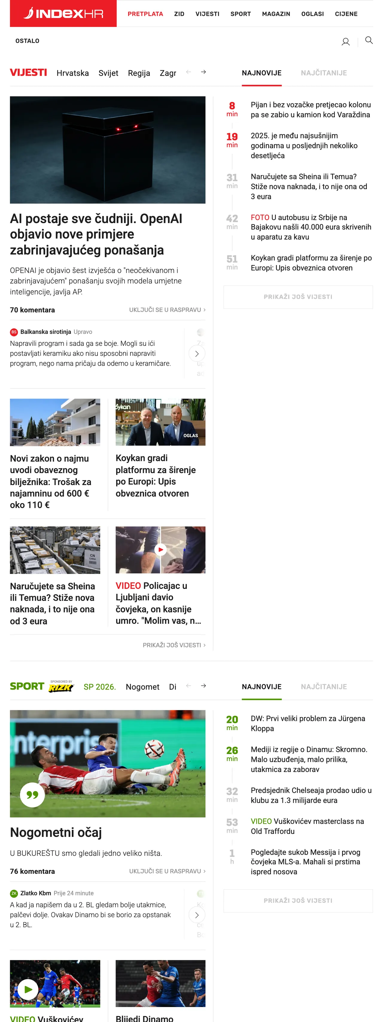 Screenshot of the Index.hr front page