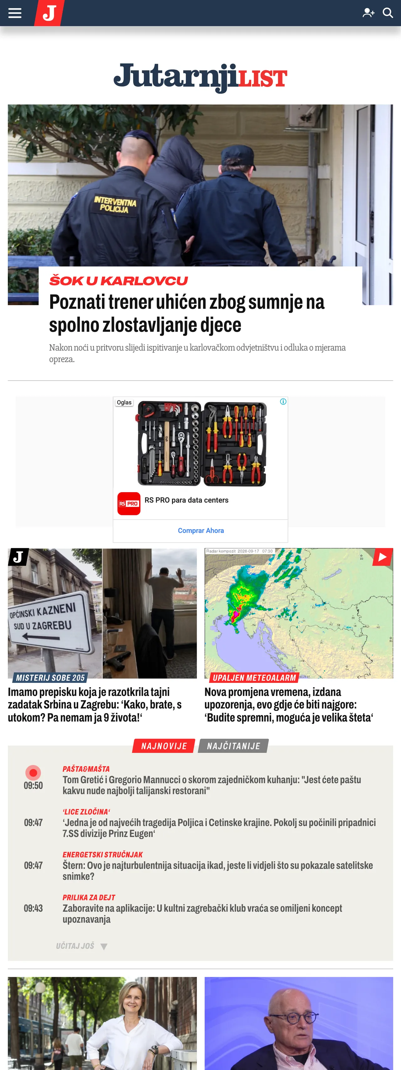 Screenshot of the Jutarnji list front page