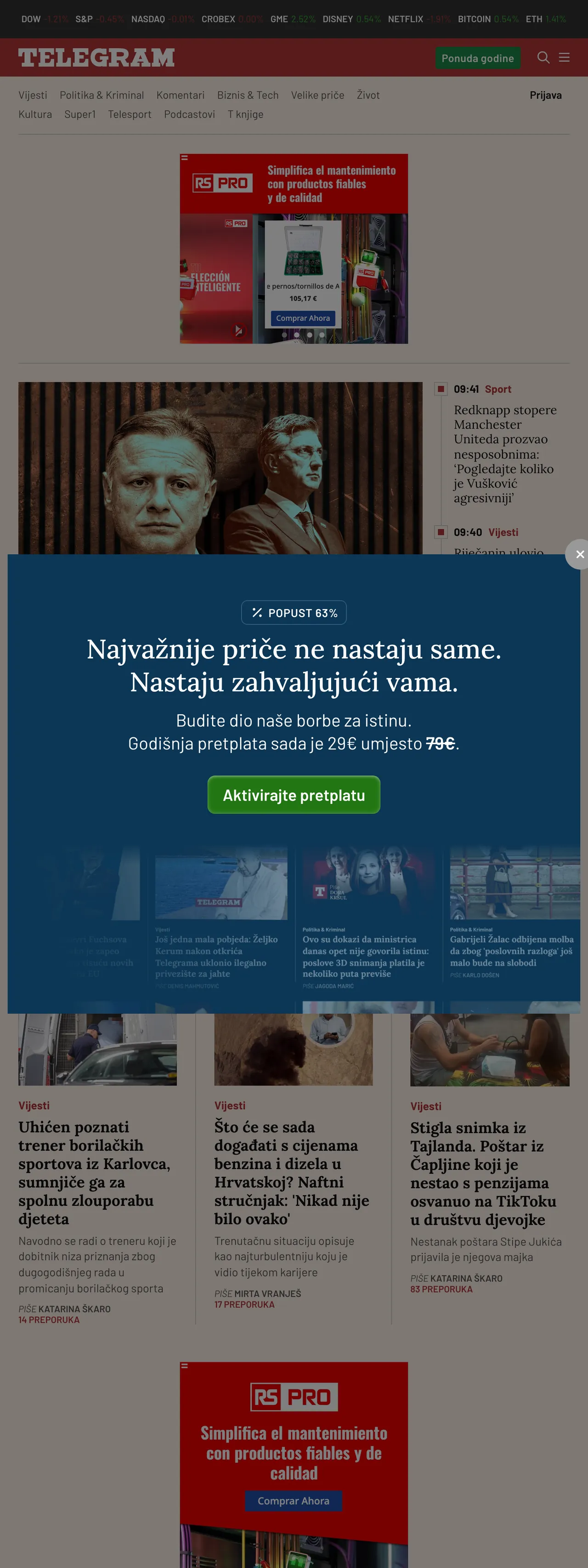Screenshot of the Telegram.hr front page