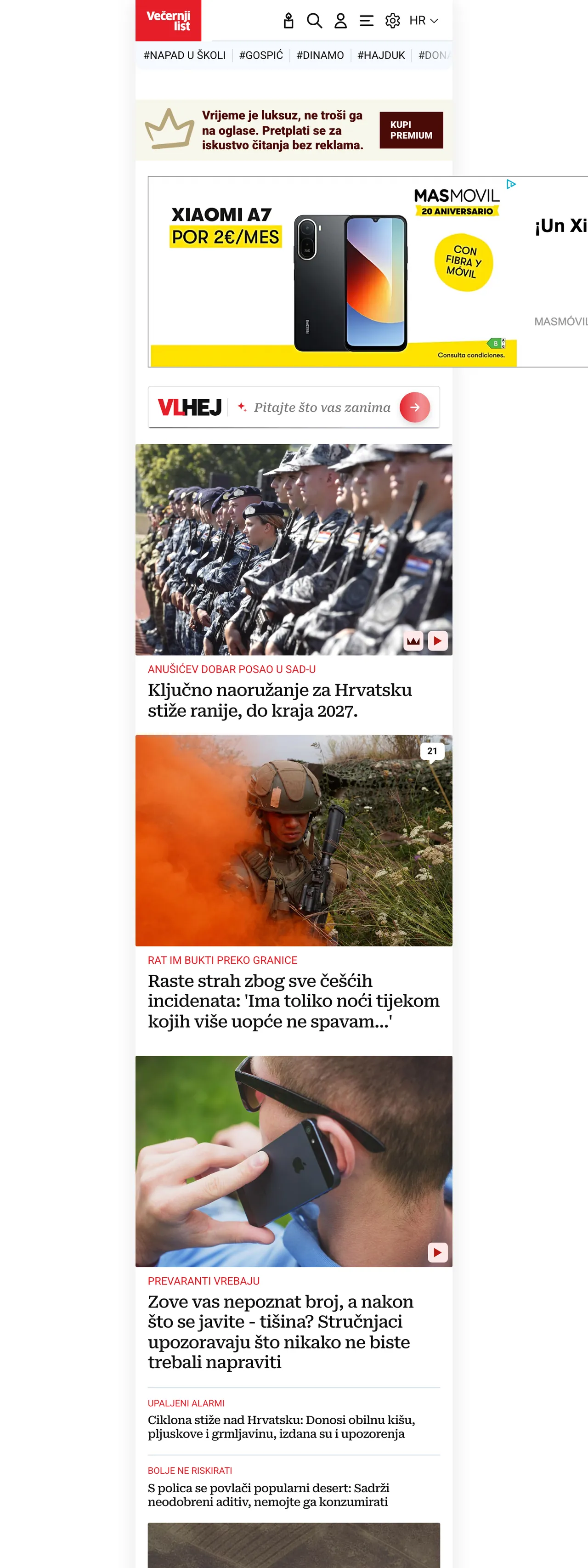 Screenshot of the Večernji list front page
