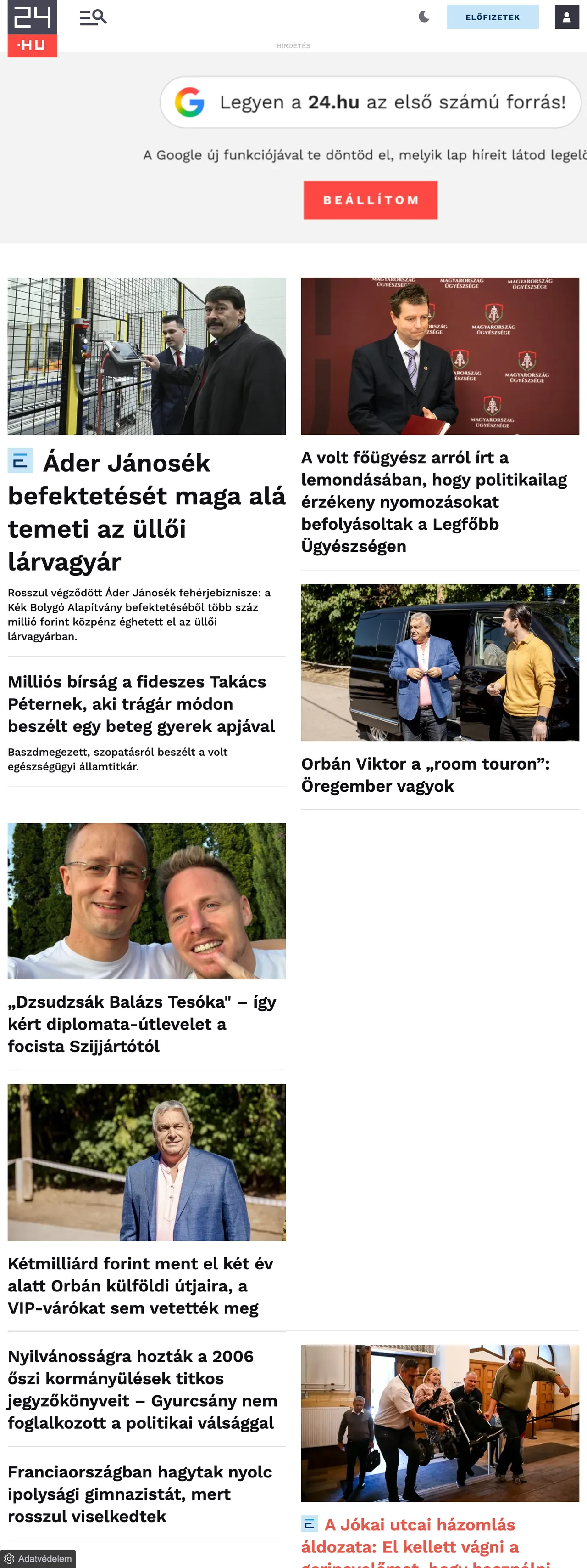 Screenshot of the 24.hu front page