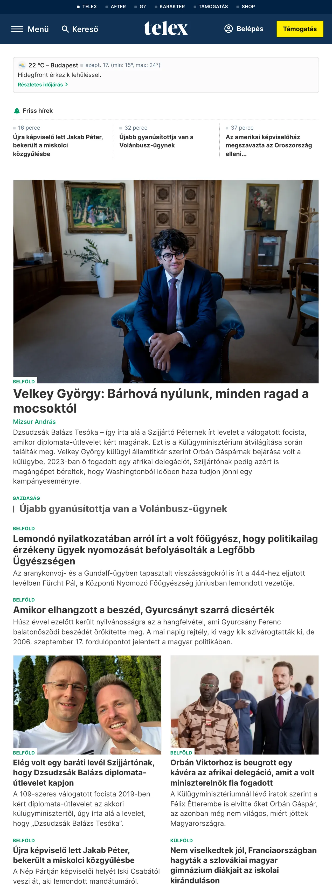 Screenshot of the Telex front page
