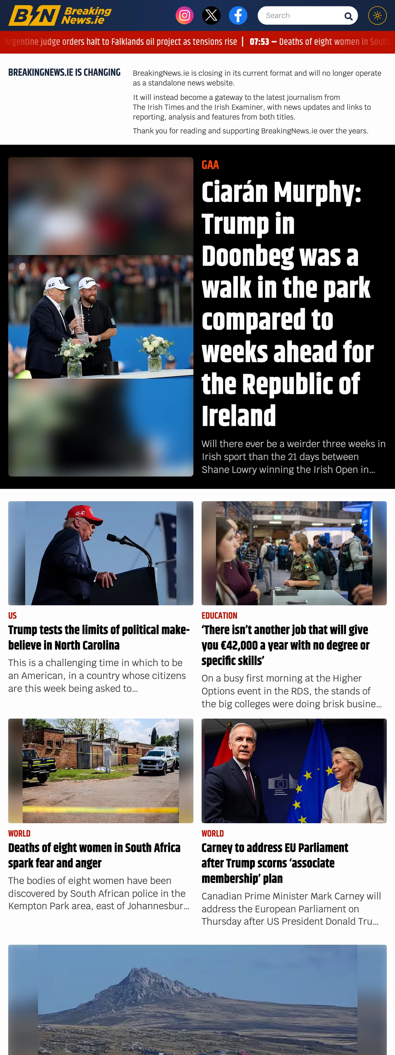 Screenshot of the BreakingNews.ie front page