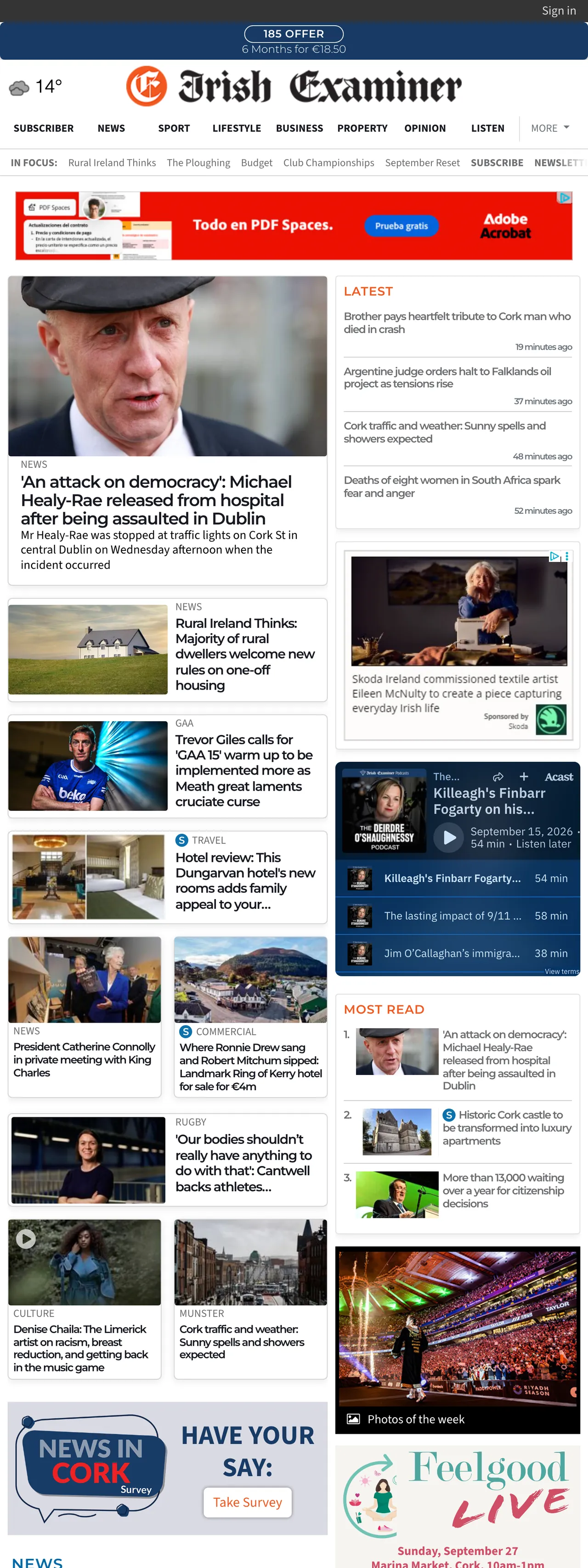 Screenshot of the Irish Examiner front page