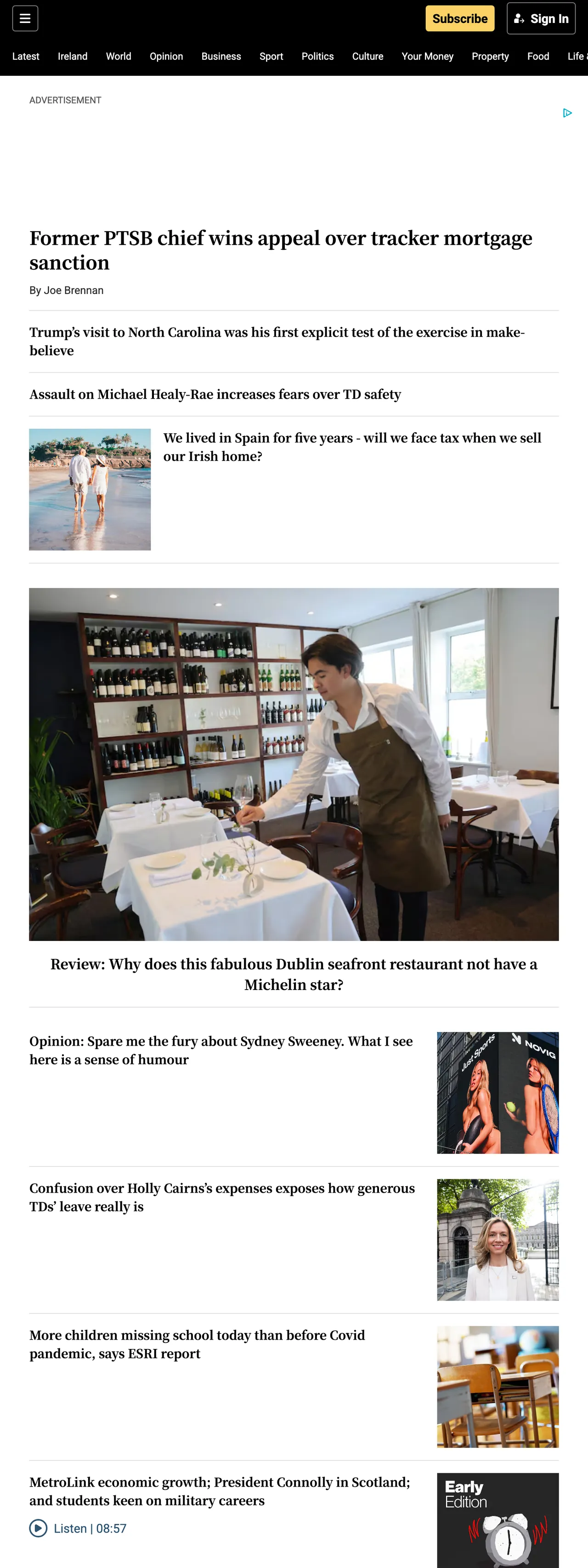 Screenshot of the The Irish Times front page