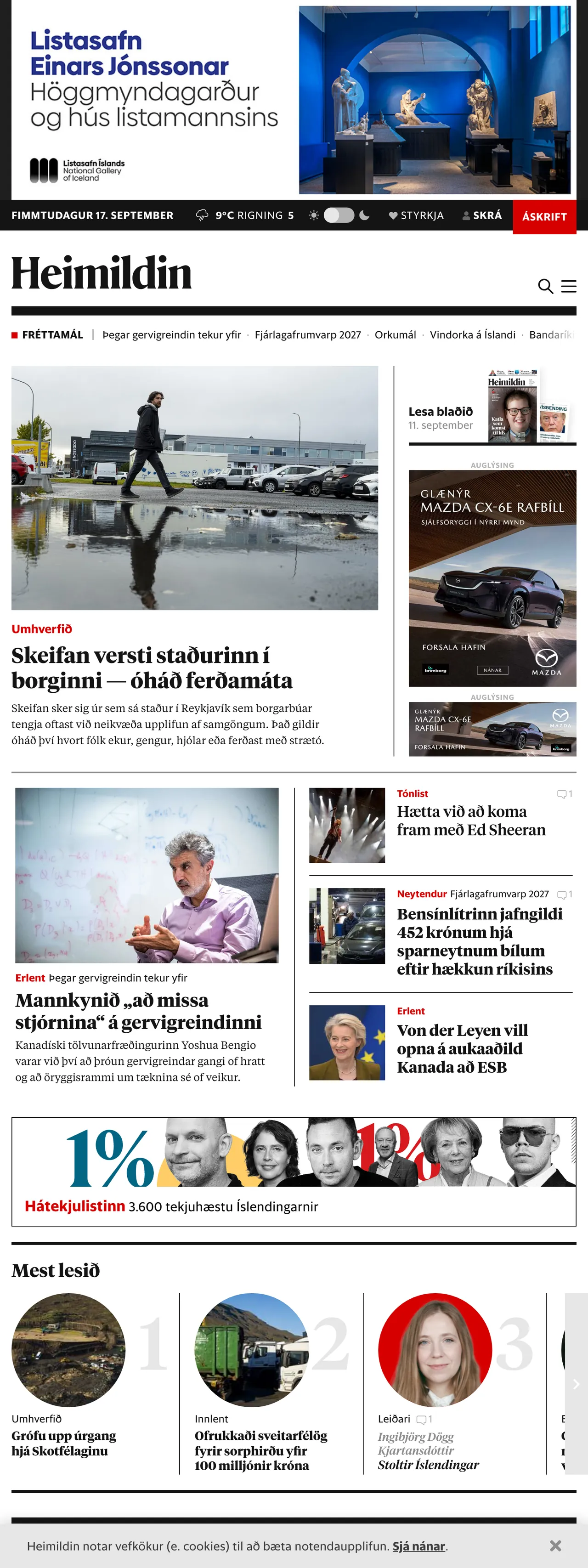Screenshot of the Heimildin front page