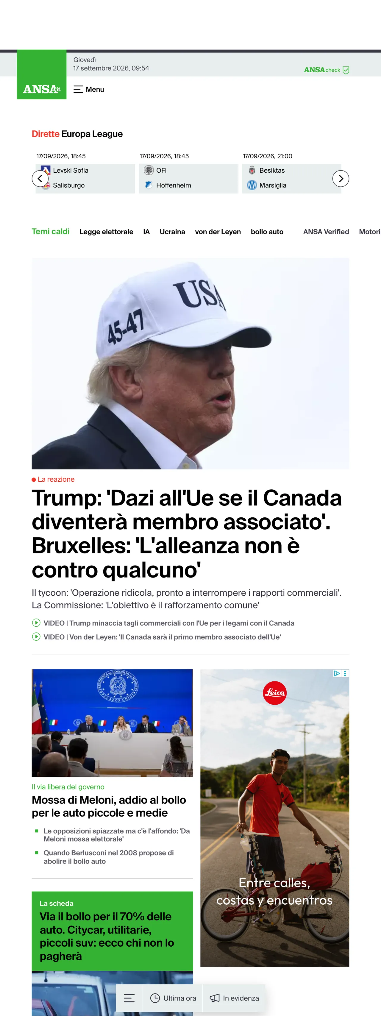 Screenshot of the ANSA front page