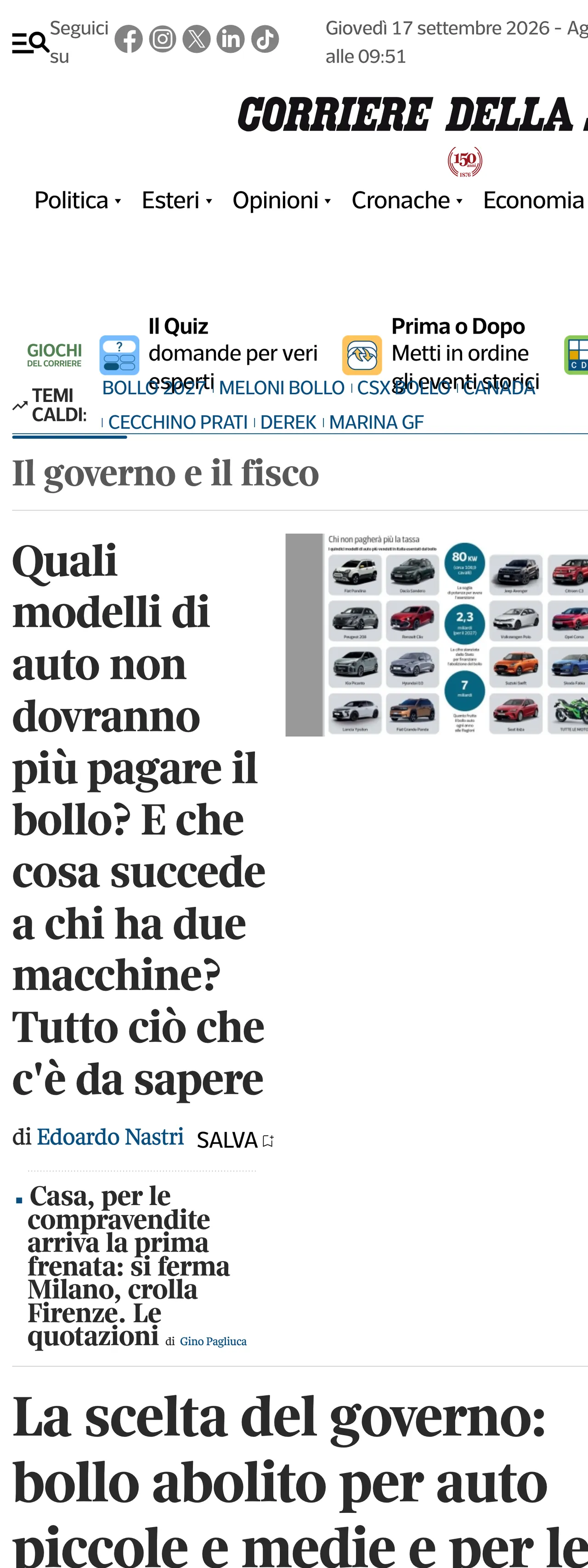 Screenshot of the Corriere della Sera front page