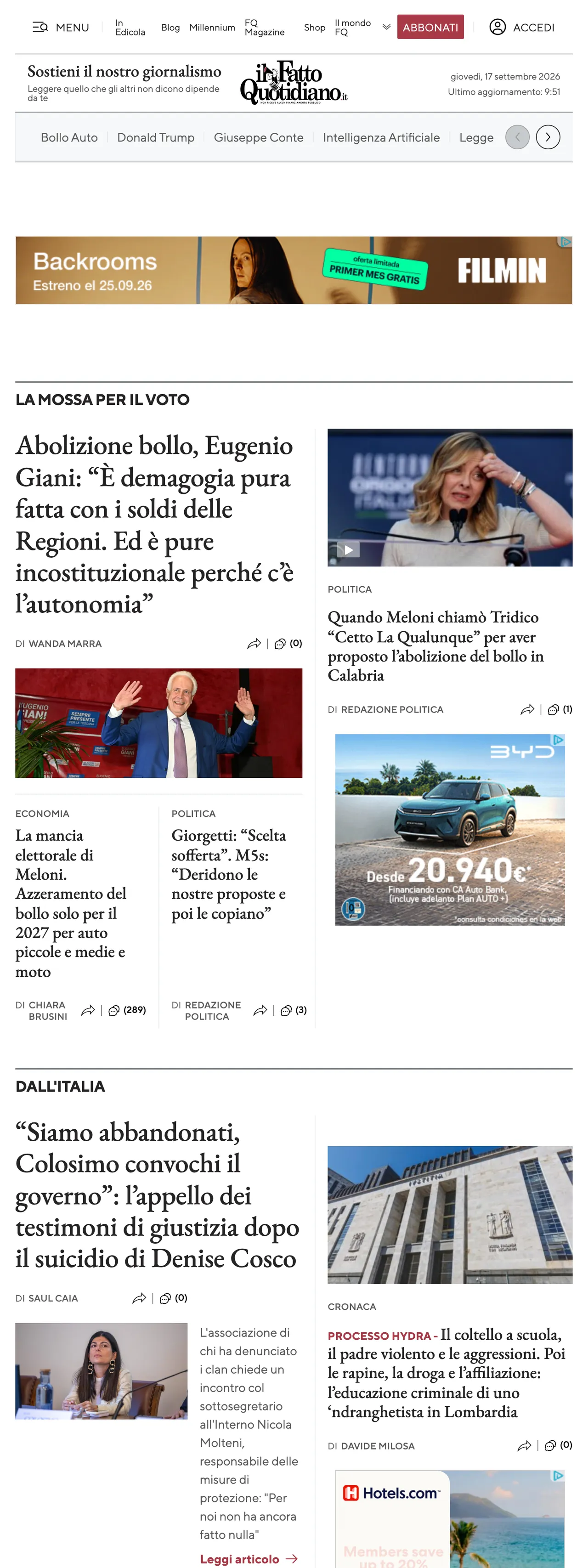 Screenshot of the Il Fatto Quotidiano front page