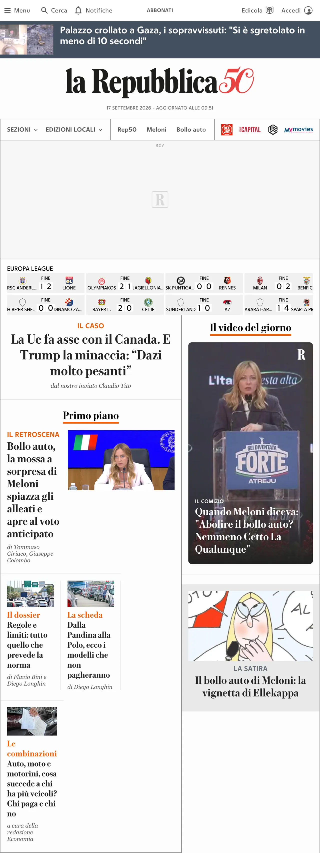 Screenshot of the la Repubblica front page