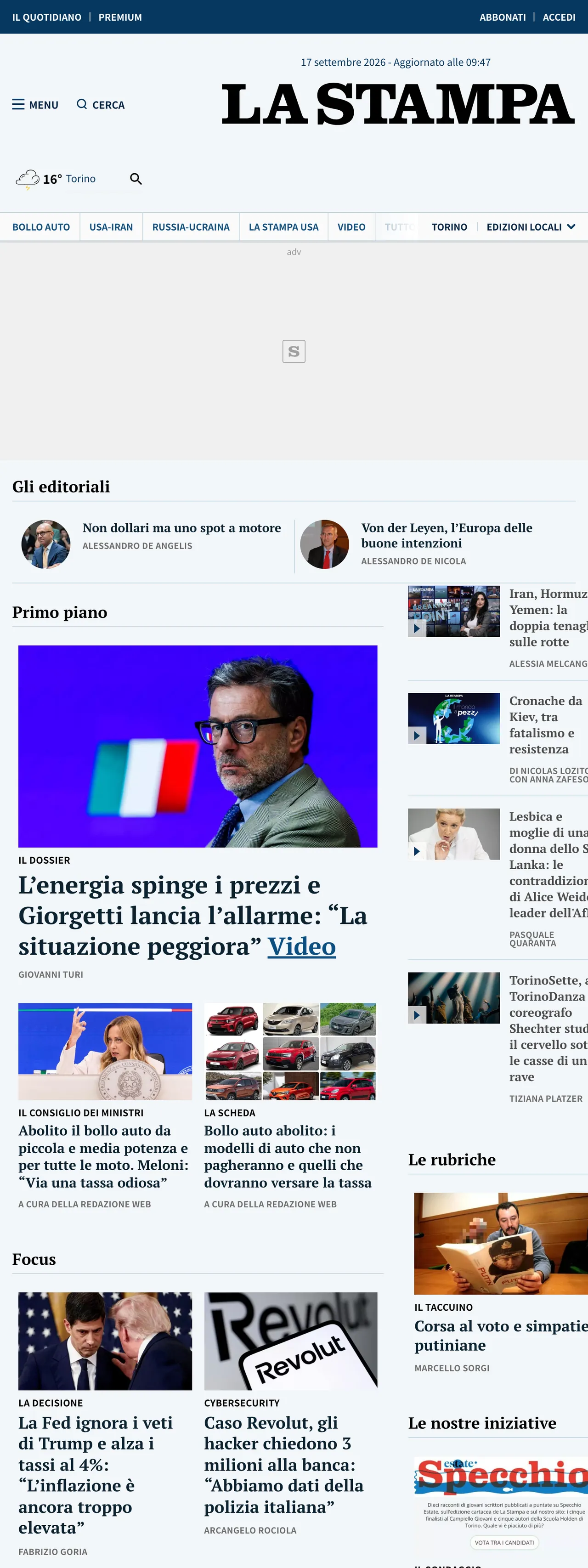 Screenshot of the La Stampa front page