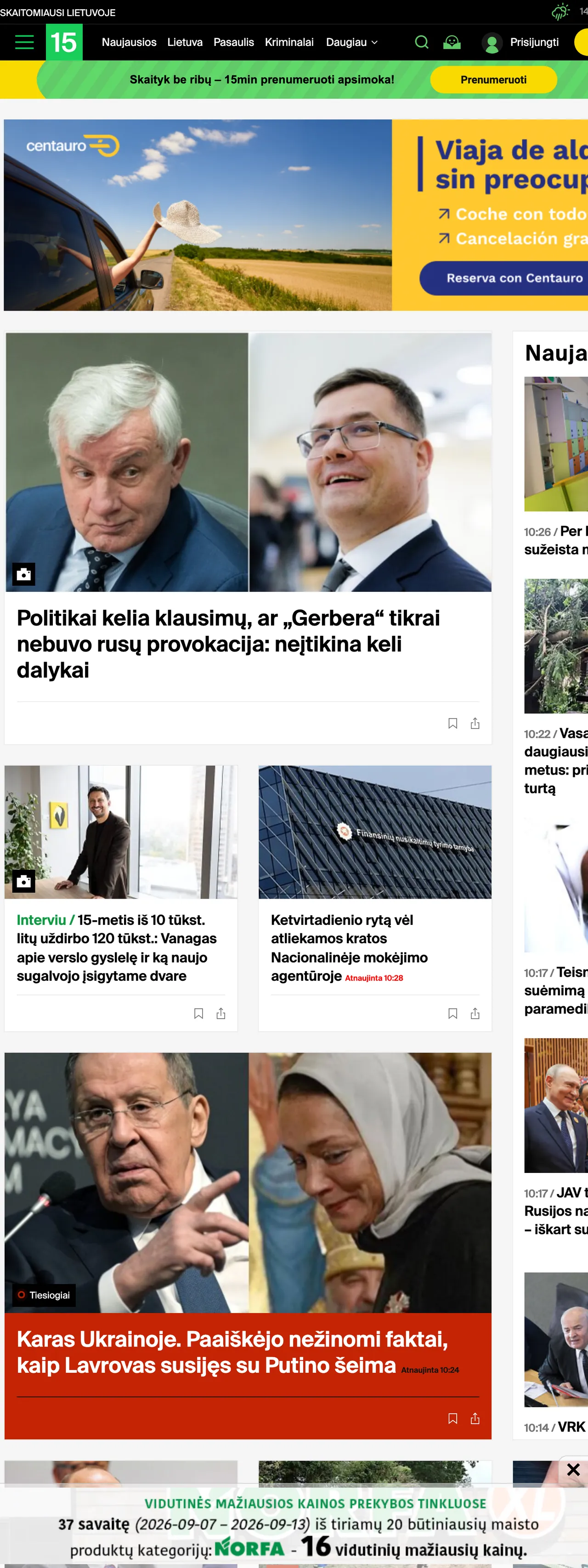 Screenshot of the 15min front page