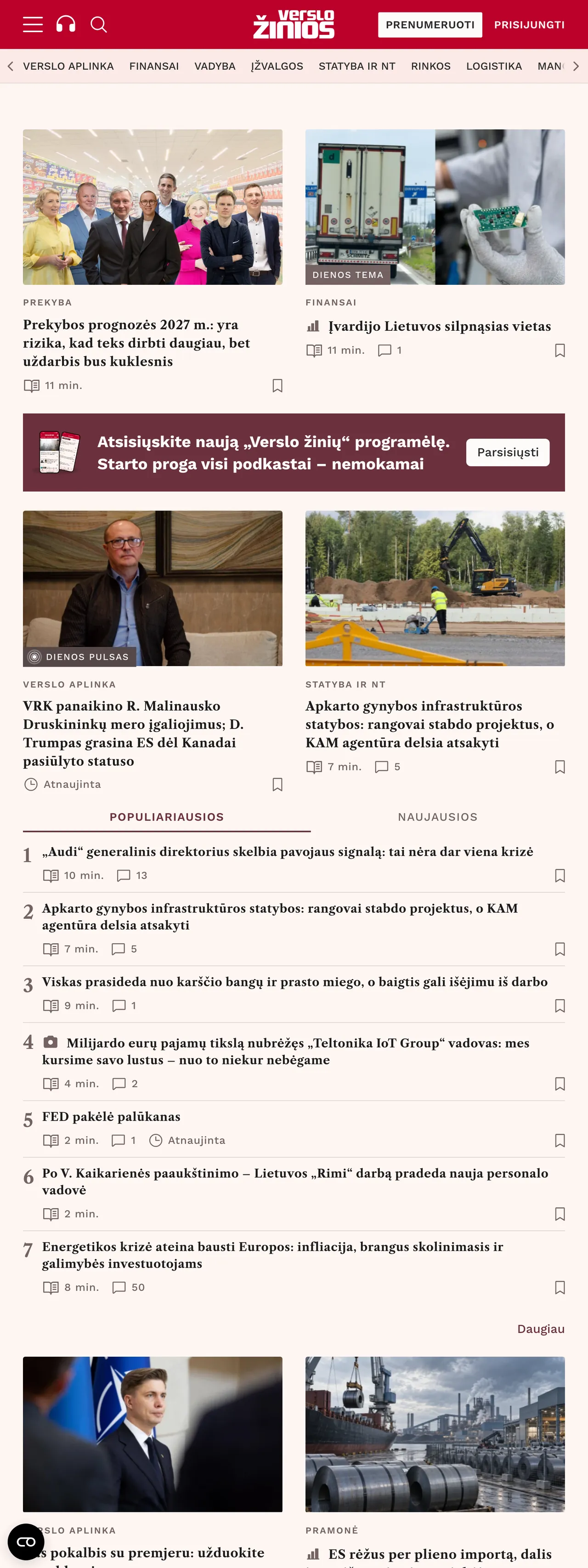 Screenshot of the Verslo žinios front page