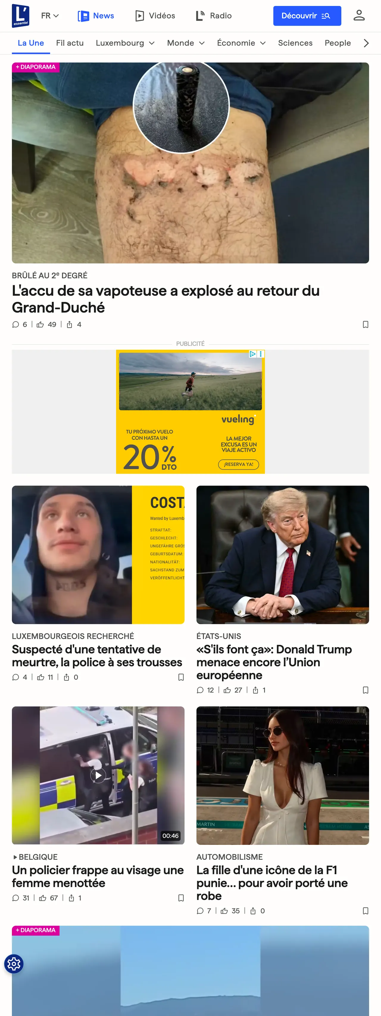 Screenshot of the L'essentiel front page