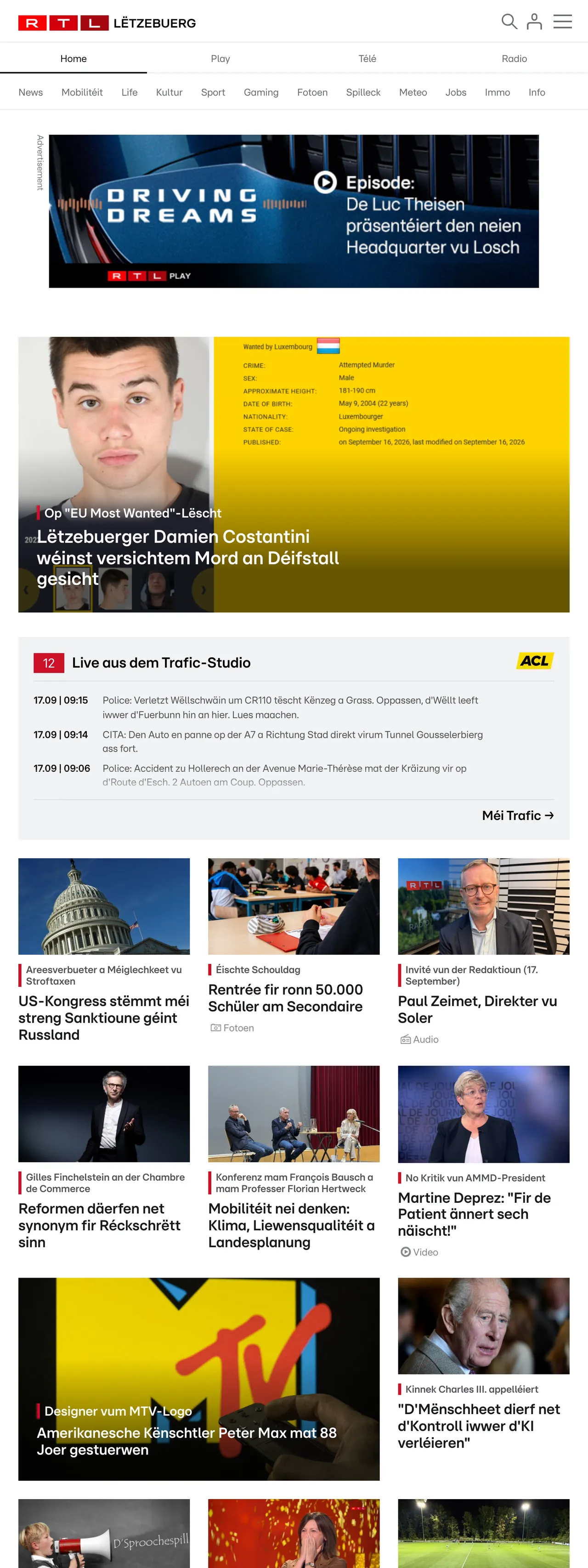 Screenshot of the RTL Lëtzebuerg front page