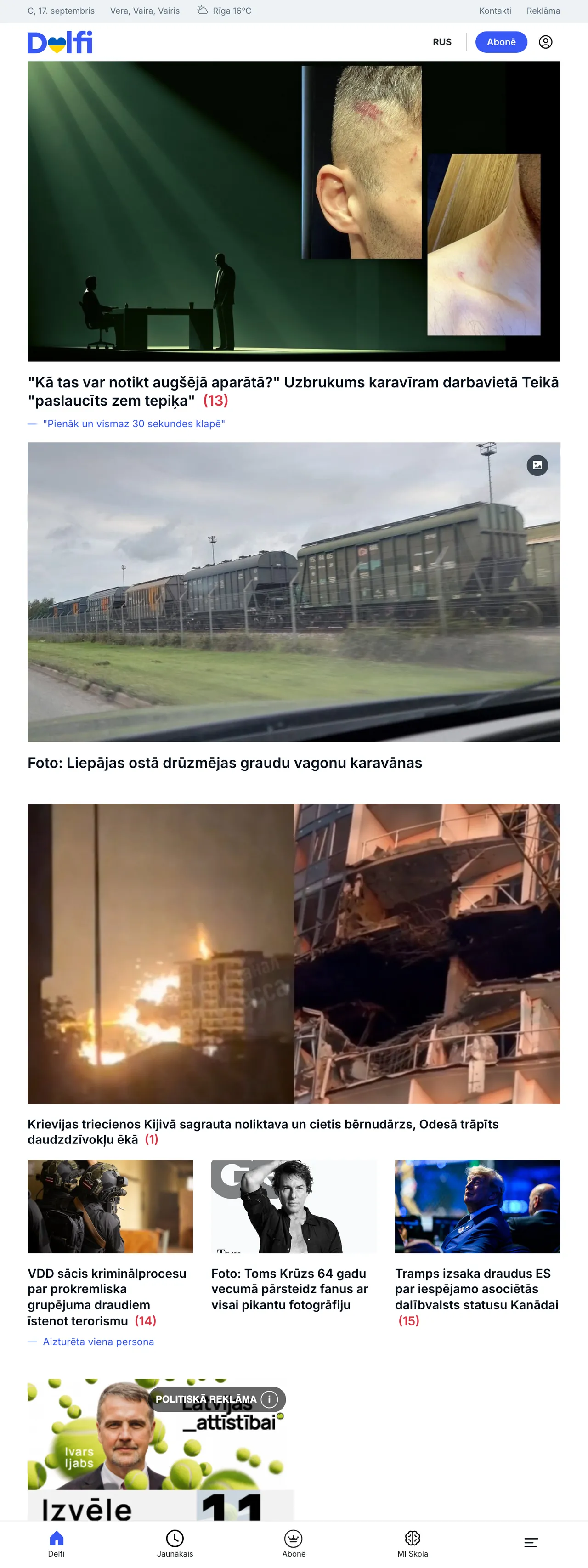 Screenshot of the Delfi front page