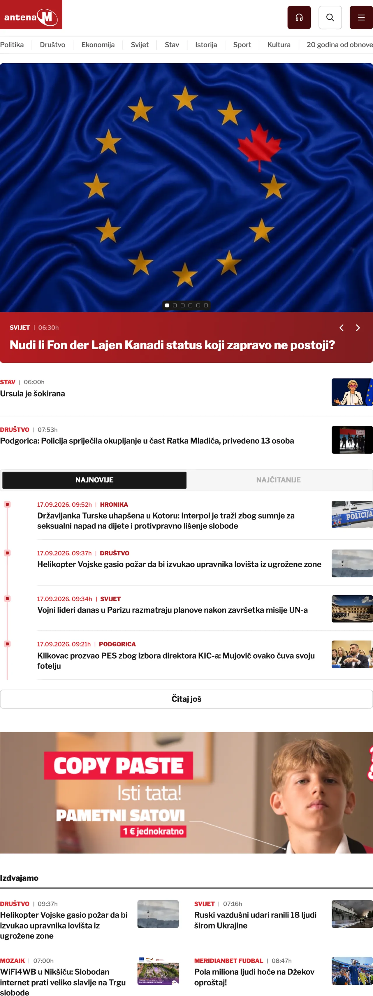 Screenshot of the Antena M front page