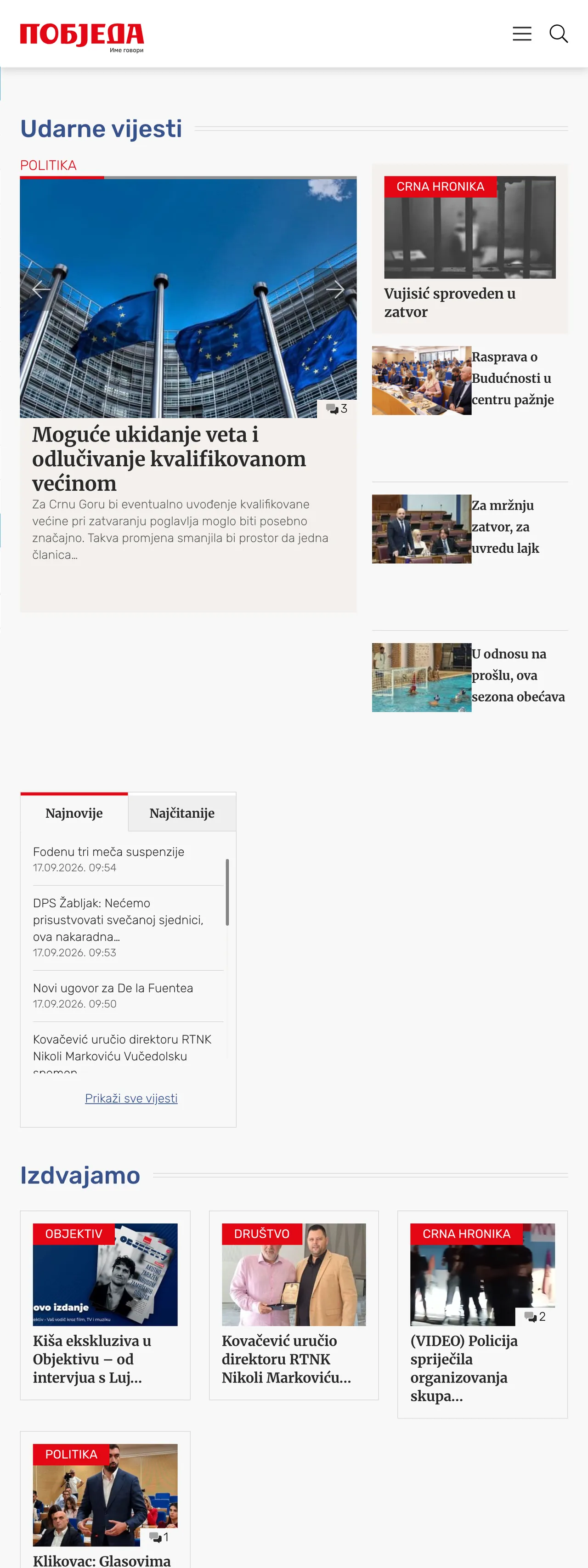 Screenshot of the Pobjeda front page