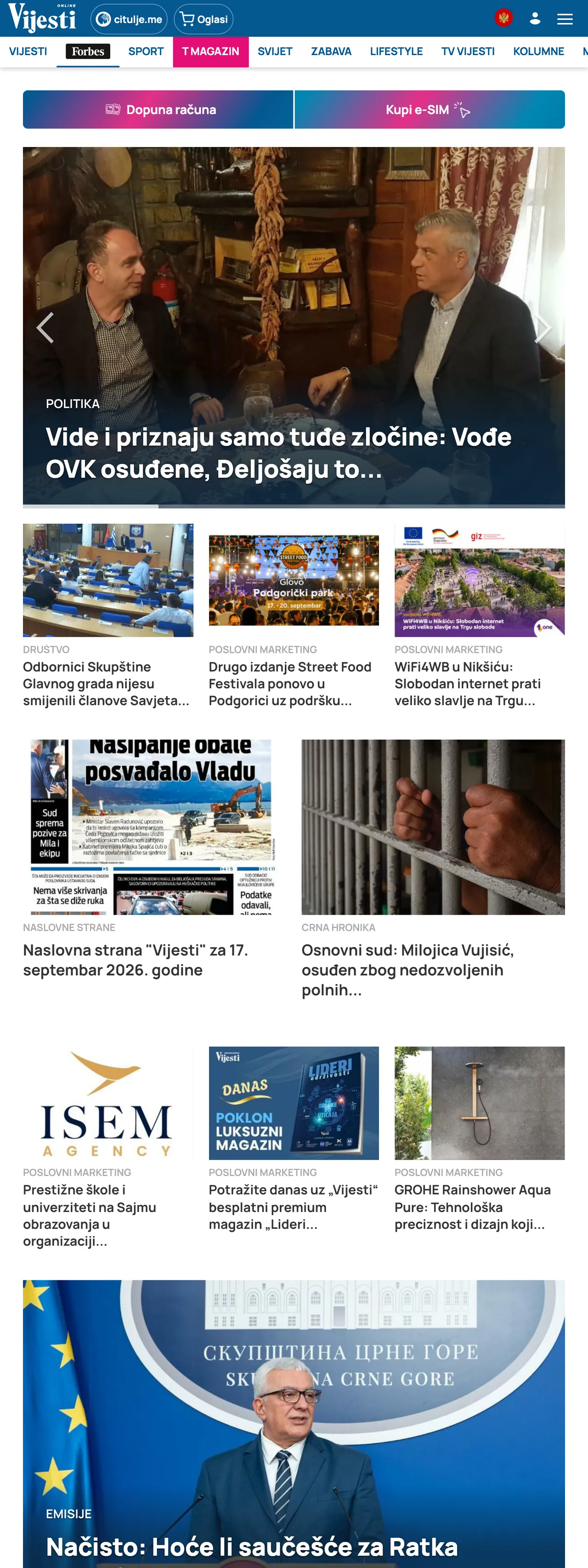 Screenshot of the Vijesti front page