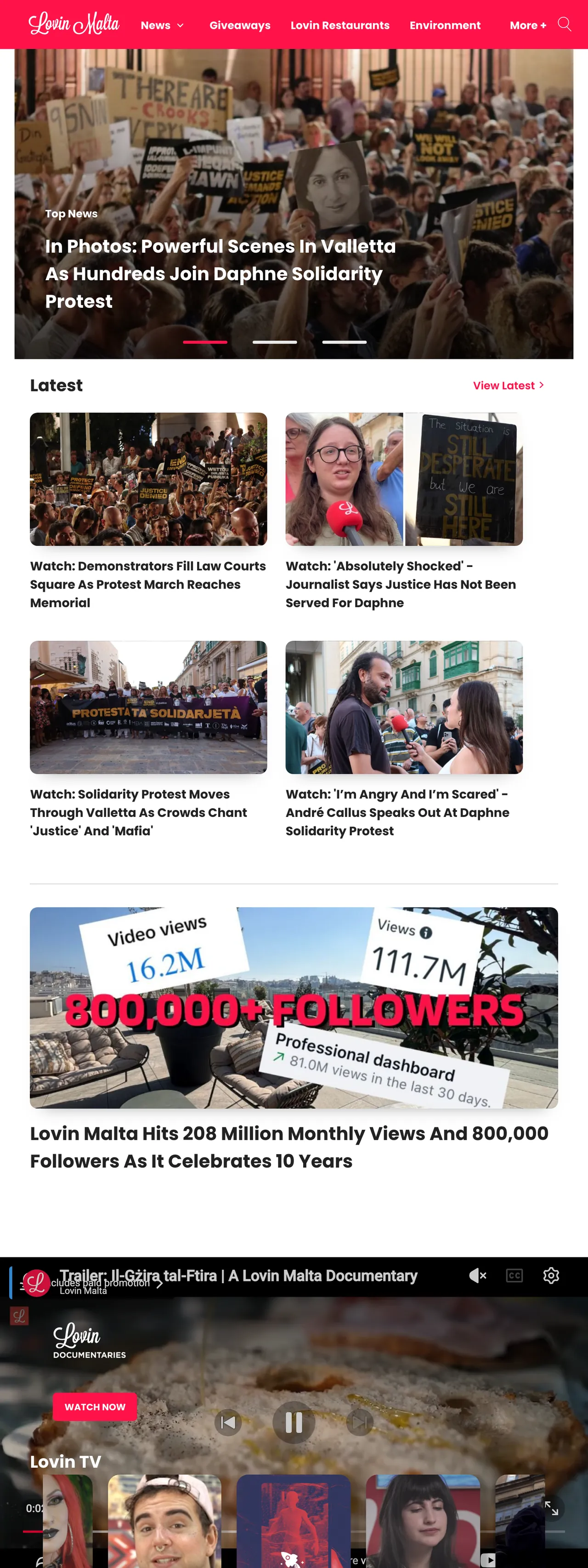 Screenshot of the Lovin Malta front page