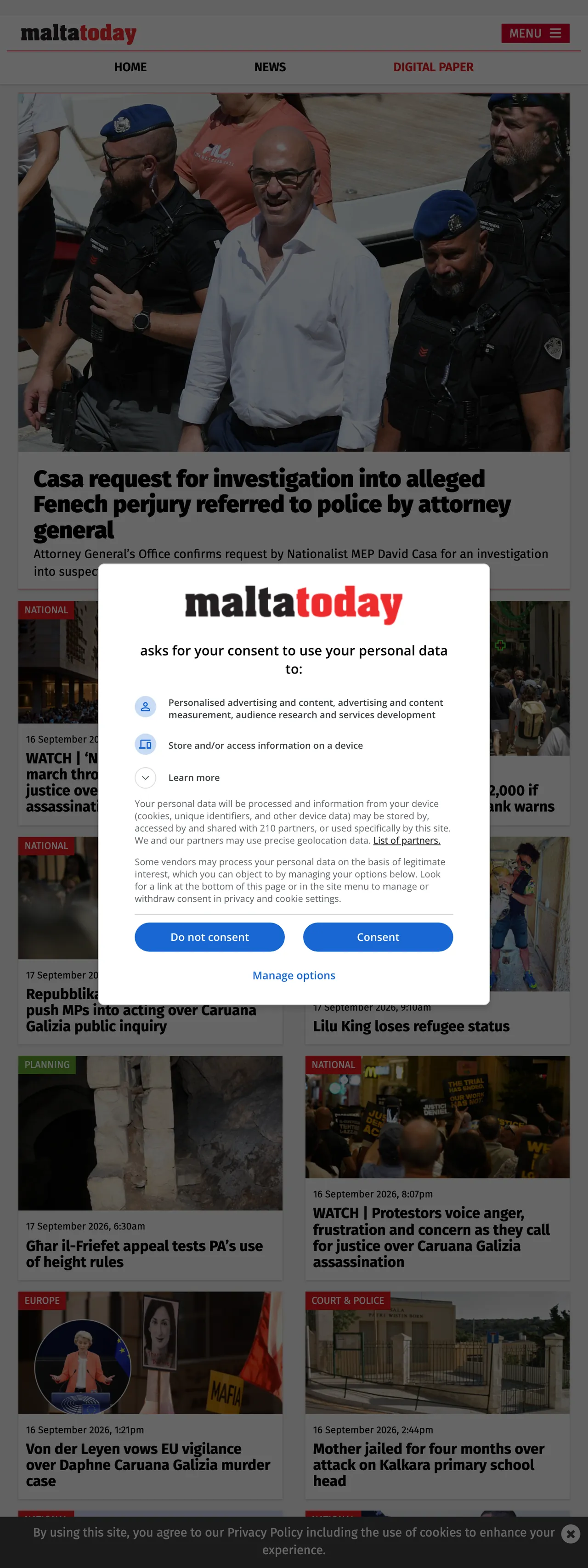 Screenshot of the Malta Today front page