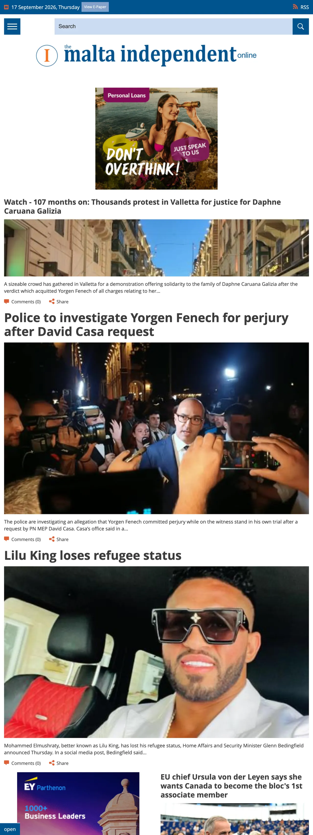 Screenshot of the The Malta Independent front page