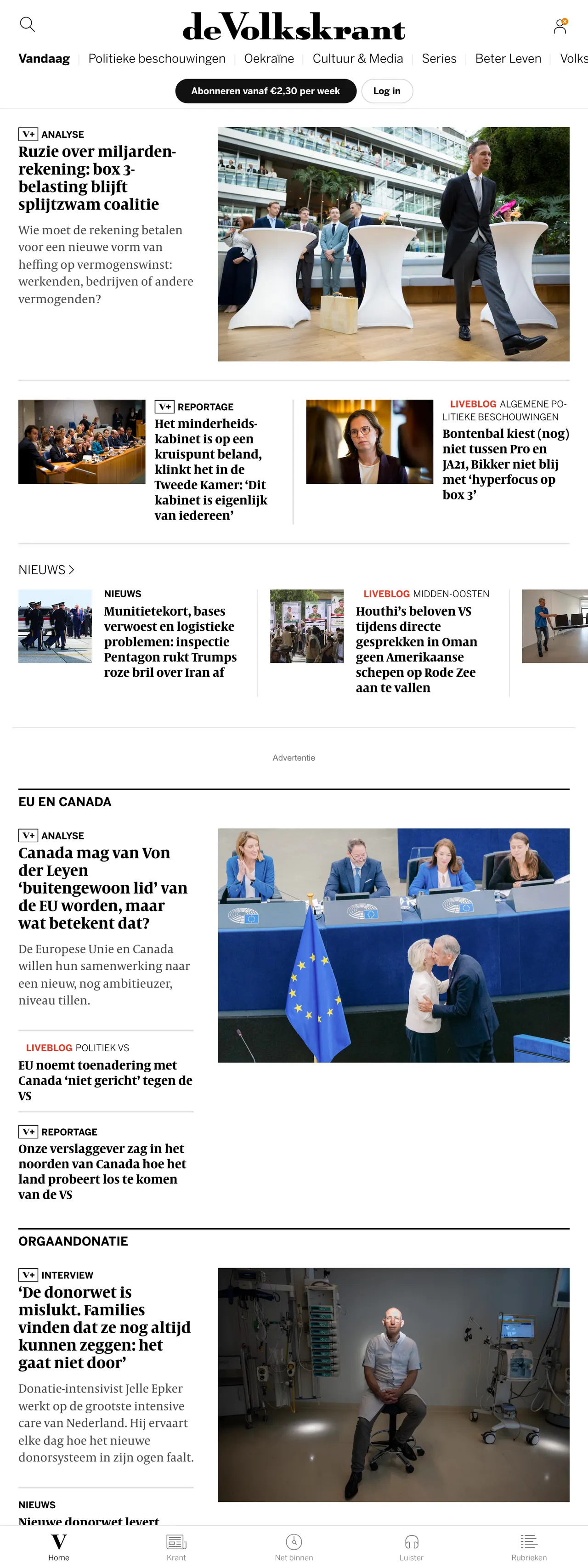 Screenshot of the de Volkskrant front page