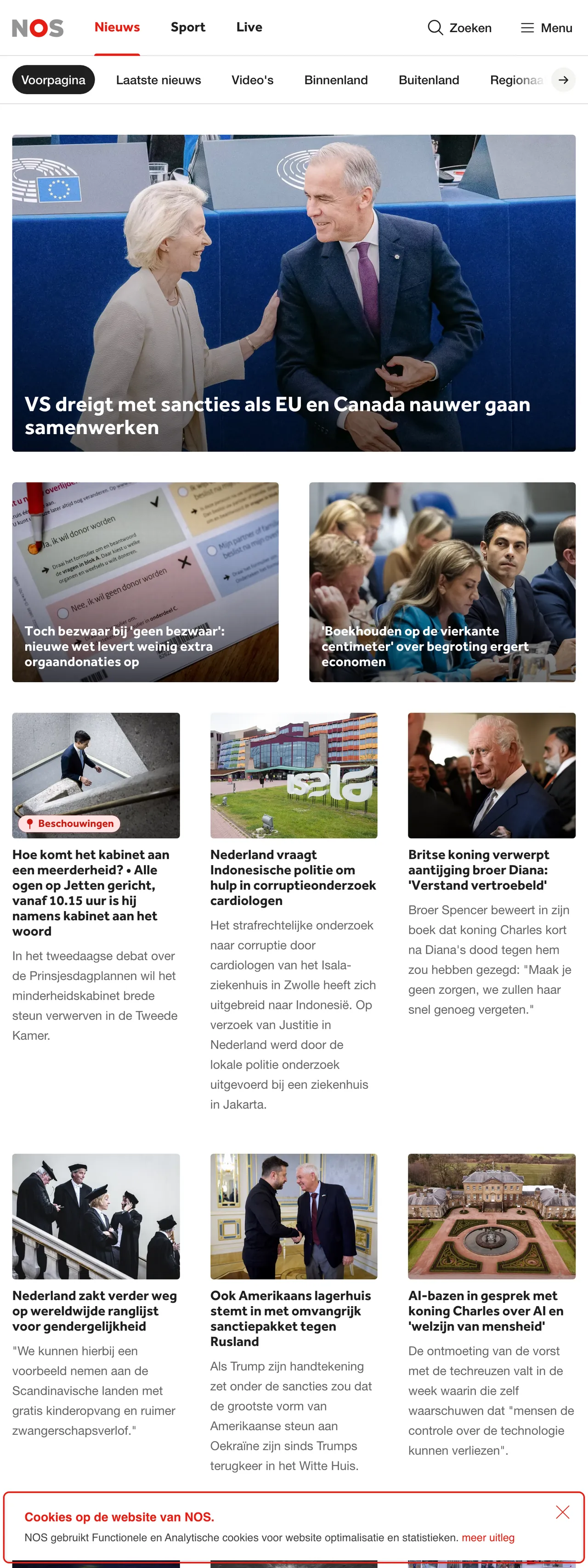 Screenshot of the NOS front page