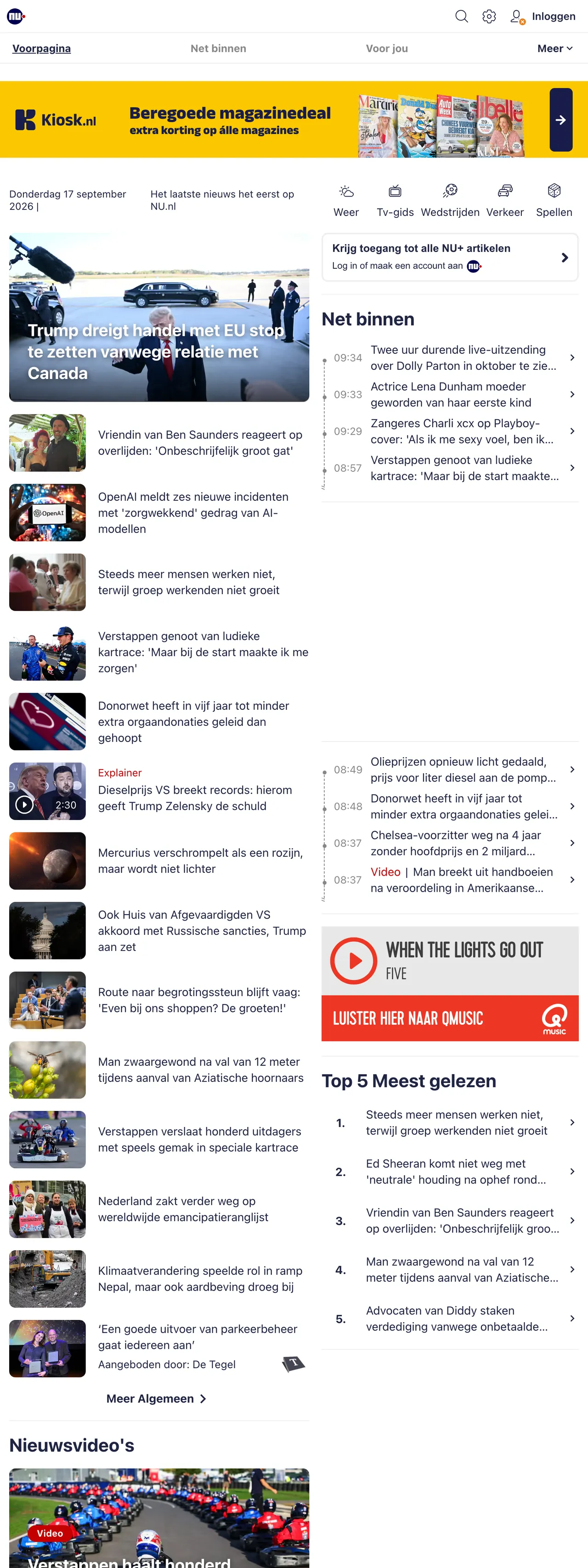 Screenshot of the NU.nl front page